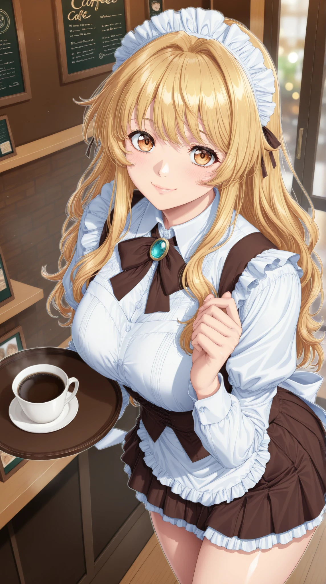 (Yokota Mamoru style),masterpiece, 最High Quality, Newest, high resolution, 1 girl who breaks the heavens,staring at the viewer,charming smile,(portrait :1.4),Semi realistic, solo, maid clothes, standing pose, low angle, Hold coffee on a tray, ((Cafe, inside the coffee shop)), (フリル付きmaid clothes, Mini Skirt), smile Yang, 優しいsmile Yang, charming eyes, shiny skin, graceful behavior, shiny, Broken Lips, Blonde, applied to wavy hair, blush, sexy portrait, medium close-up shot, high resolution, accurate texture, Delicate Details, natural shadows, Refined Backgrounds, Warm colors , delicate portrait of a detailed face, digital art, Picture , beautiful anime style, High Quality, 非常にhigh resolution, (最High Quality), (Super Detailed:1.2), high resolution, Aesthetic Expression , Super Detailed, realistic, cinematic, masterpiece, Beautiful CG Illustrations , Clear Outline, Bokeh Background.