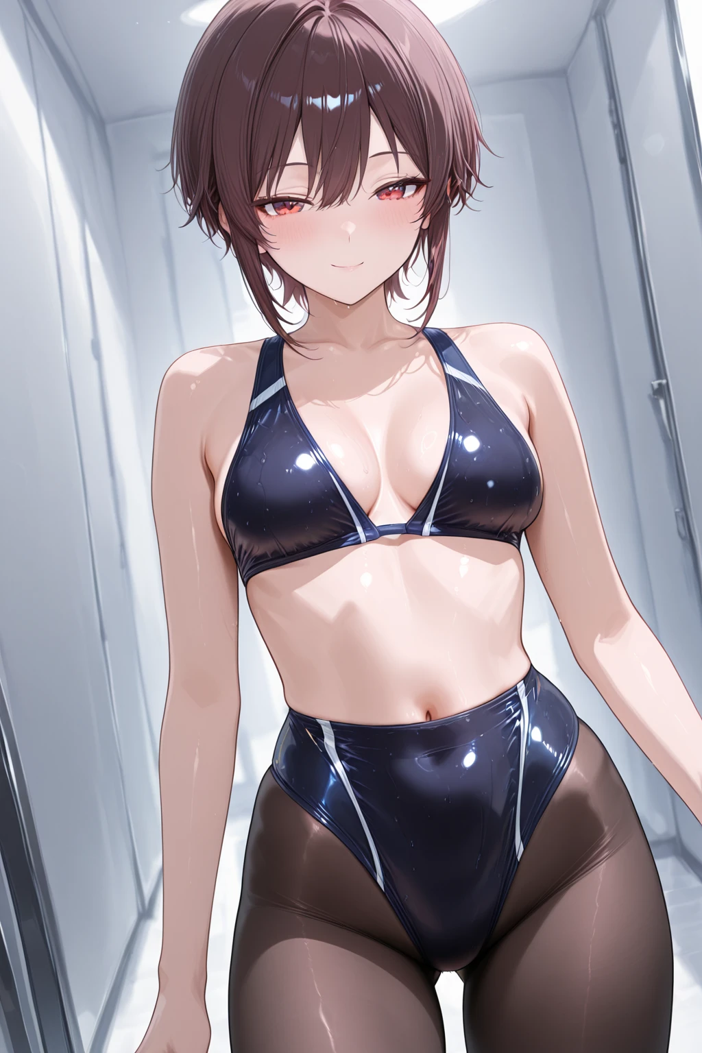 gray banded ribby one piece swimsuit with side cutout, 1girl, solo, jewelry, necklace, one-piece swimsuit, swimsuit, Swimsuit with wide open ?????, head out of frame, brown hair, Wide pelvis, scrawny:1.7, ???????????, ?????????????, ????? ???????, ?????? line, ????????, swimsuit, beautiful face, Full body standing, ((Get blush)), steam, (???? face), (????? overflowing from the cleavage), (((A large amount of ????? attached to the whole body))), (((A lot of ????? on the face))), Horse ears, put your ????? on your hands, ((Heart shaped eyes)),