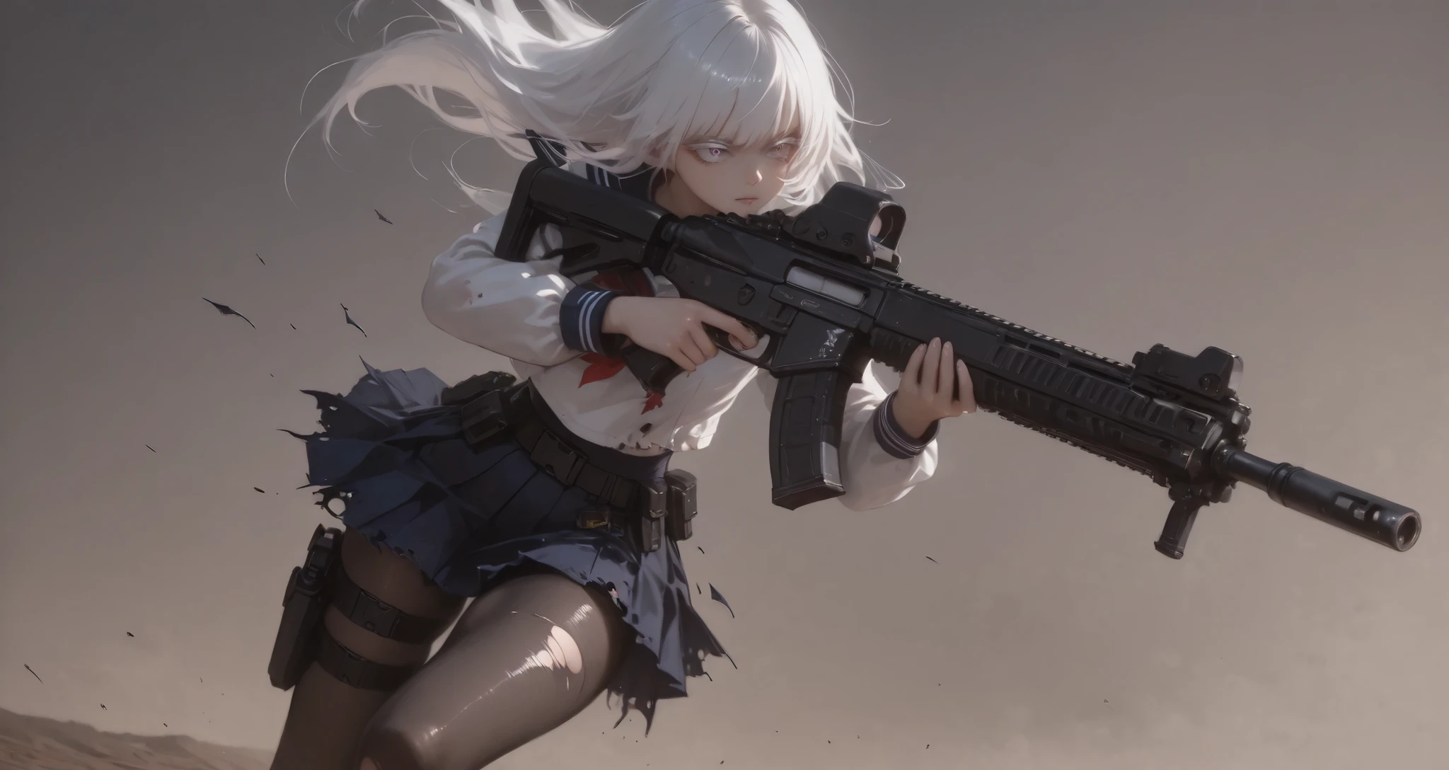 (masterpiece, Highest Quality, super detailed anime style digital painting holding a large assault rifle、closeup pictures), 1girl, long white hair、White eyelashes、Girl in a Sailor Suit、pleated skirt、I'm holding a big assault rifle。A holster belt is attached only to the thigh of the right foot, and a handgun is inserted、Equip your belt with a survival knife、pantyhose, dramatic composition、dynamic angle、perspective、Dynamic、masterpieceポートレート、Wilderness Battlegrounds 、torn clothes