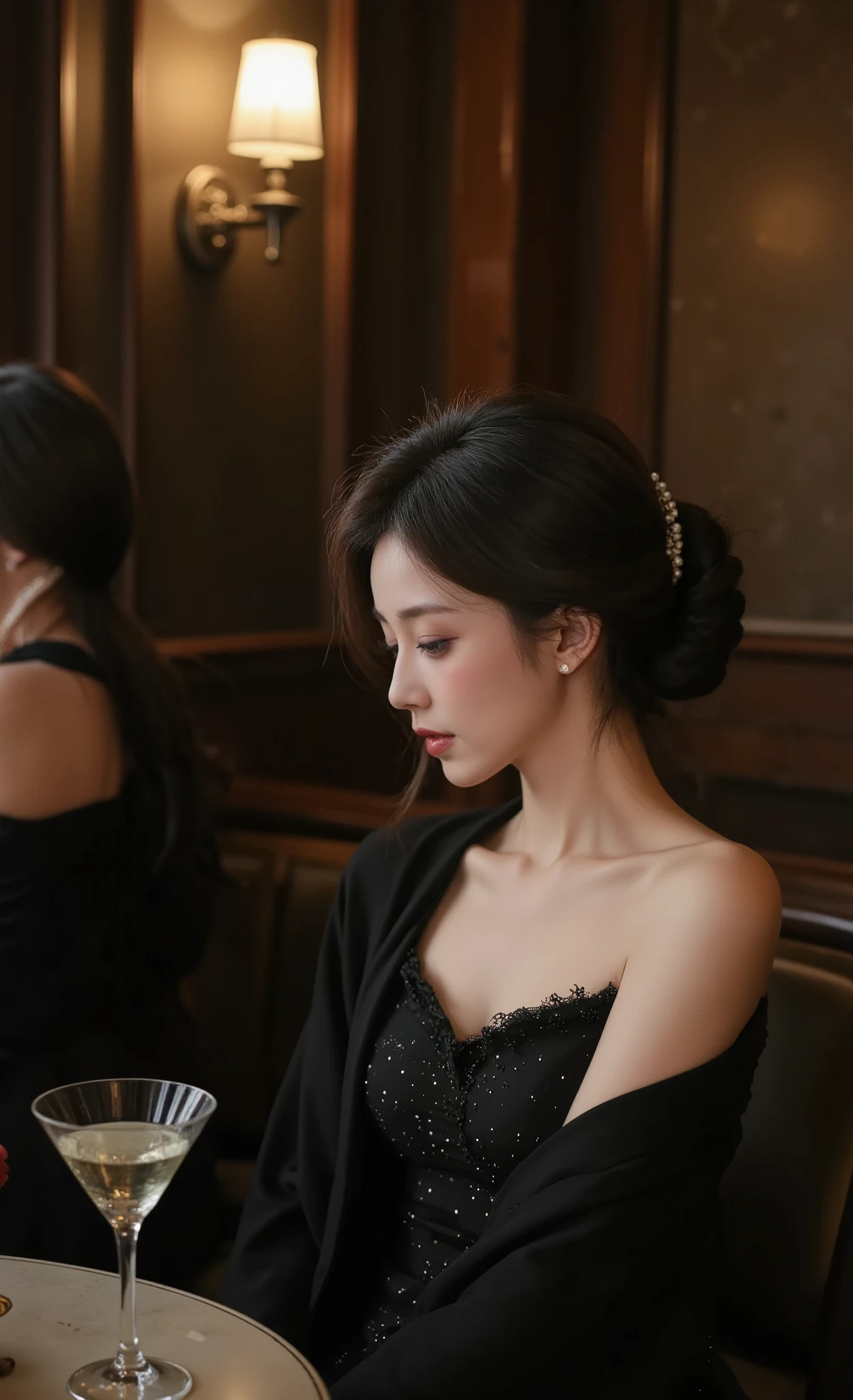 masterpiece, photography, 8k wallpaper, beautiful young woman with elegant updo, (sophisticated beauty:1.3) with classic red lipstick and defined features, (absorbed listening:1.4) at intimate jazz bar table, stylish evening outfit with black cocktail dress with subtle shimmer, delicate shawl draped loosely over shoulders for club atmosphere, elegant heeled sandals completing sophisticated look, (elegant updo:1.3) with artful loose tendrils framing face, sitting alone at small round table with cocktail glass, warm amber lighting from vintage sconces creating perfect jazz club atmosphere, (authentic jazz club:1.2) with small stage and vintage decor elements, (evening performance:1.3) during saxophone solo moment, (low-light venue photography:1.4) with perfect mood lighting capture, (photographic realism:1.4) with professional composition focusing on subject, (authentic appreciation:1.3) showing genuine musical engagement, pearl earrings and delicate bracelet as classic accessories, half-empty martini glass with olive garnish on table, (genuine cultural moment:1.3) capturing real jazz appreciation