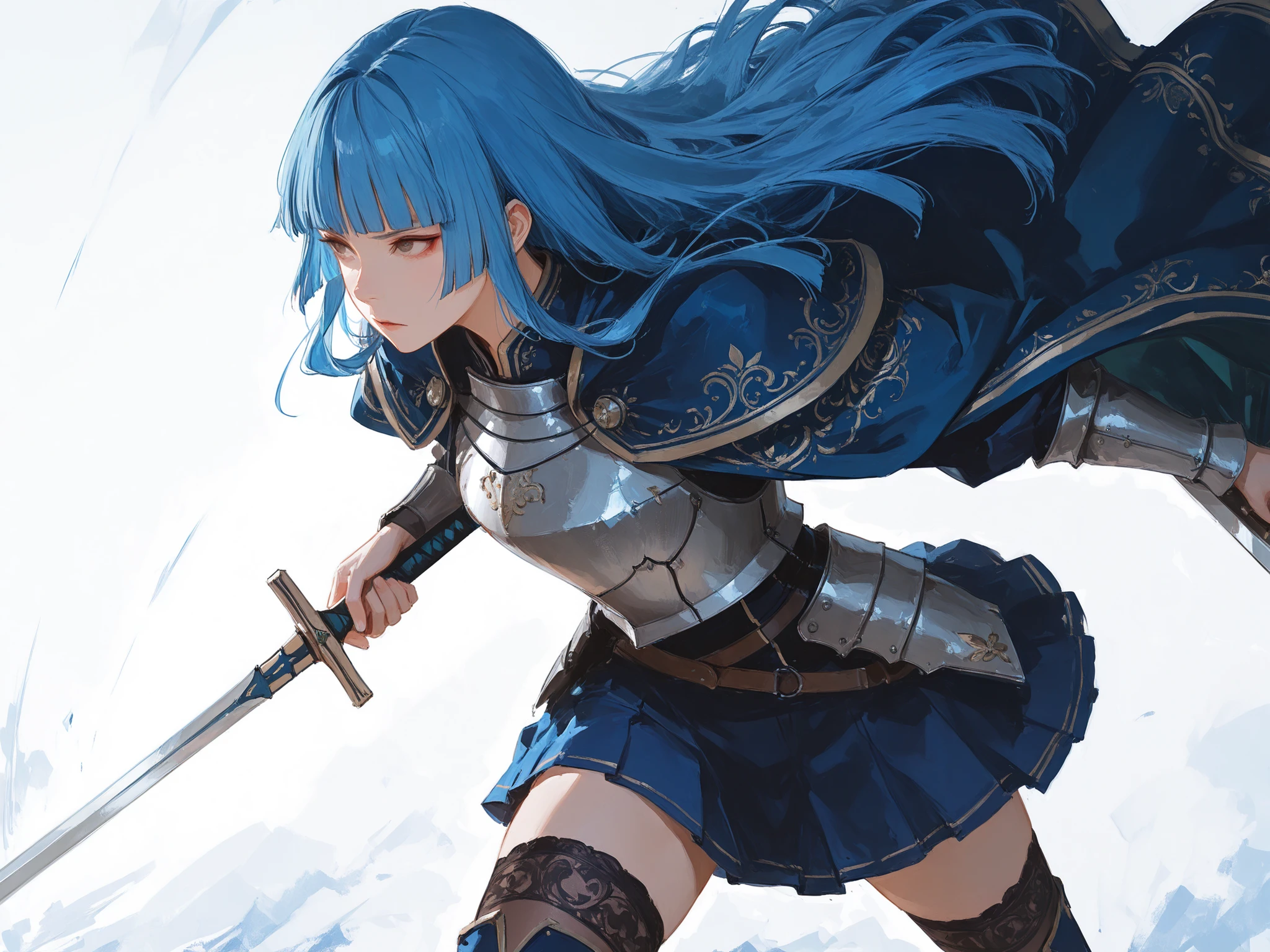 medium shot, front shot, male face focus, looking away, makes an aesthetic, Master piece, Best Quality, ultra detailed, a beautiful girl, (solo:1.6), (hime cut:1.4),long hair,(blue hair:1.4),embroidery breastplate ,metal accent cape, thighhighs, holding a sword, action pose,