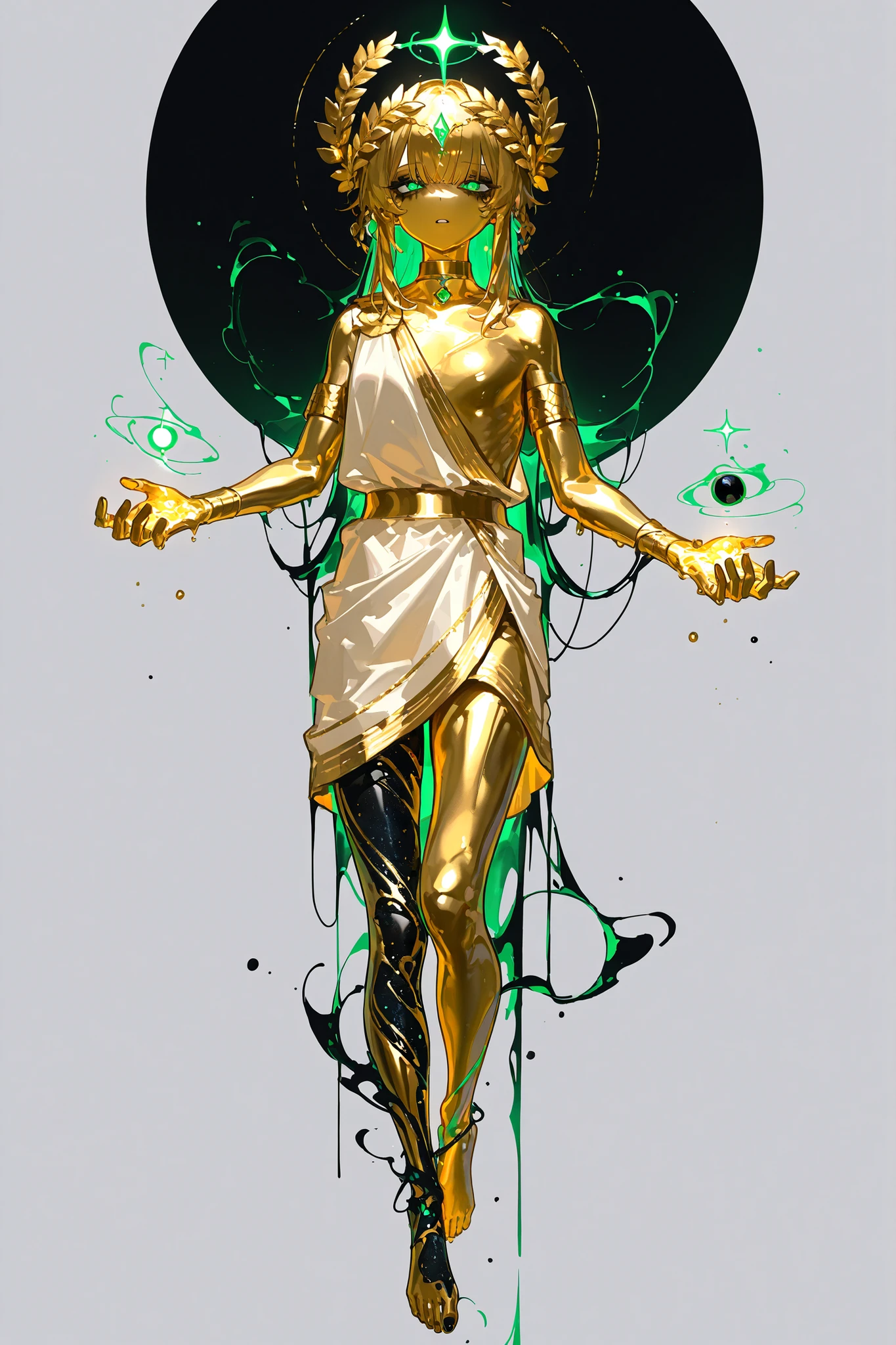 (ancient greek clothes,greco-roman clothes,gold choker,armlet,laurel crown,metallic skin, gold metal skin,m3t4l, xxx667_illu,glowing,) Male character greek god. He has tall mighty broad-shouldered body shape with masculine features. He has metallic gold skintone. his whole body are covered with molten liquid gold. He has green eyes that glow like emeralds. He has black leaking black mascara under his eyes. He wears a wreath of scarlet thorns on his head. He has wavy LONGEST golden bangless hairstyle floating in the air that glow in the dark. He wearing a  scarlet red Greek toga (tunic) with gold embroidery. He's barefoot. (On the background: an overgrown ancient Greek temple made of black marble and gold)