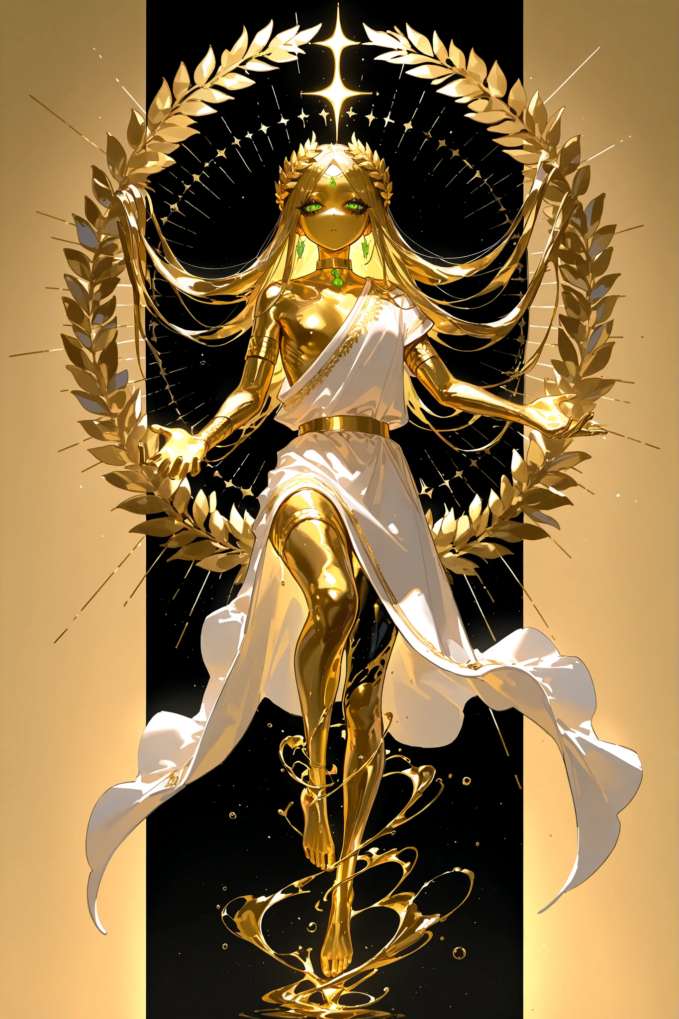 (ancient greek clothes,greco-roman clothes,gold choker,armlet,laurel crown,metallic skin, gold metal skin,m3t4l, xxx667_illu,glowing,) Male character greek god. He has tall mighty broad-shouldered body shape with masculine features. He has metallic gold skintone. his whole body are covered with molten liquid gold. He has green eyes that glow like emeralds. He has black leaking black mascara under his eyes. He wears a wreath of scarlet thorns on his head. He has wavy LONGEST golden bangless hairstyle floating in the air that glow in the dark. He wearing a scarlet red Greek toga (tunic) with gold embroidery. He's barefoot. (On the background: an overgrown ancient Greek temple made of black marble and gold)