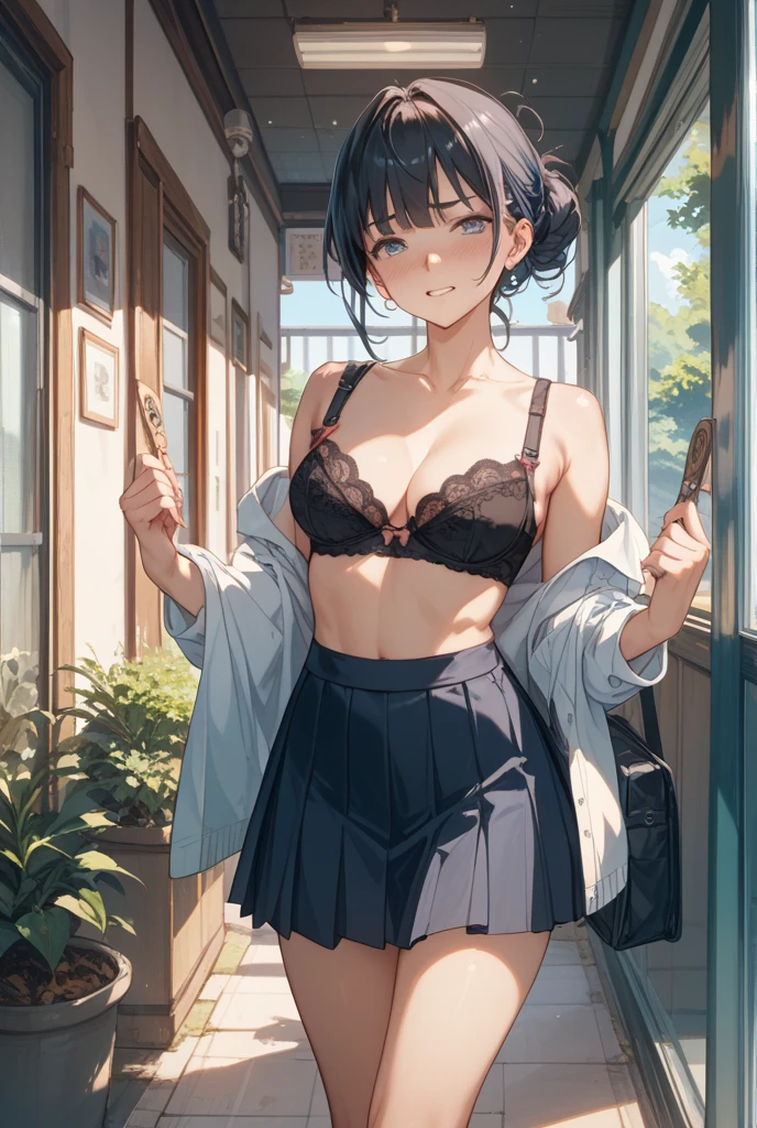 1 girl, smile, shirt, skirt, (small) chiralism, Japan high school school uniform, seravuk, summer clothes, squall-wet uniform, sheer bra, (portrait from knee up),