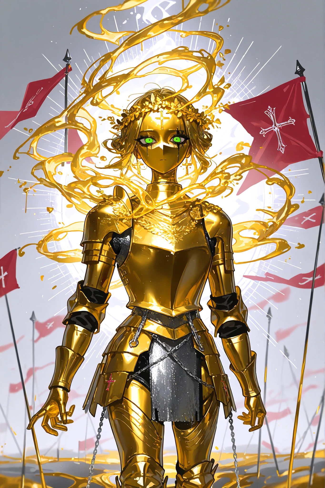 (Knight,metallic skin, gold metal skin,m3t4l, xxx667_illu,glowing,) Male character Crusader knight. He has tall mighty broad-shouldered body shape with masculine features. He has metallic gold skintone. his whole body are covered with molten liquid gold. He has green eyes that glow like emeralds. He has black leaking black mascara under his eyes. He wears a wreath of scarlet thorns on his head. He has wavy LONGEST golden bangless hairstyle floating in the air that glow in the dark. He wearing a silver mask on his face depicting a martyr expression with slits for eyes. He is clad in silver Milanese plate armor:breastplate, irregular shoulder pads with crosses, elbow pads, bracers, greaves, knee pads, armored boots. a scarlet shirt with a silver chain mail shirt on top. He has a silver sword in one hand. (On the background: the battlefield , there are many scarlet flags on the field-banners with silver eight-pointed crosses. On the frame written in Latin :"one sin and a thousand good deeds".)