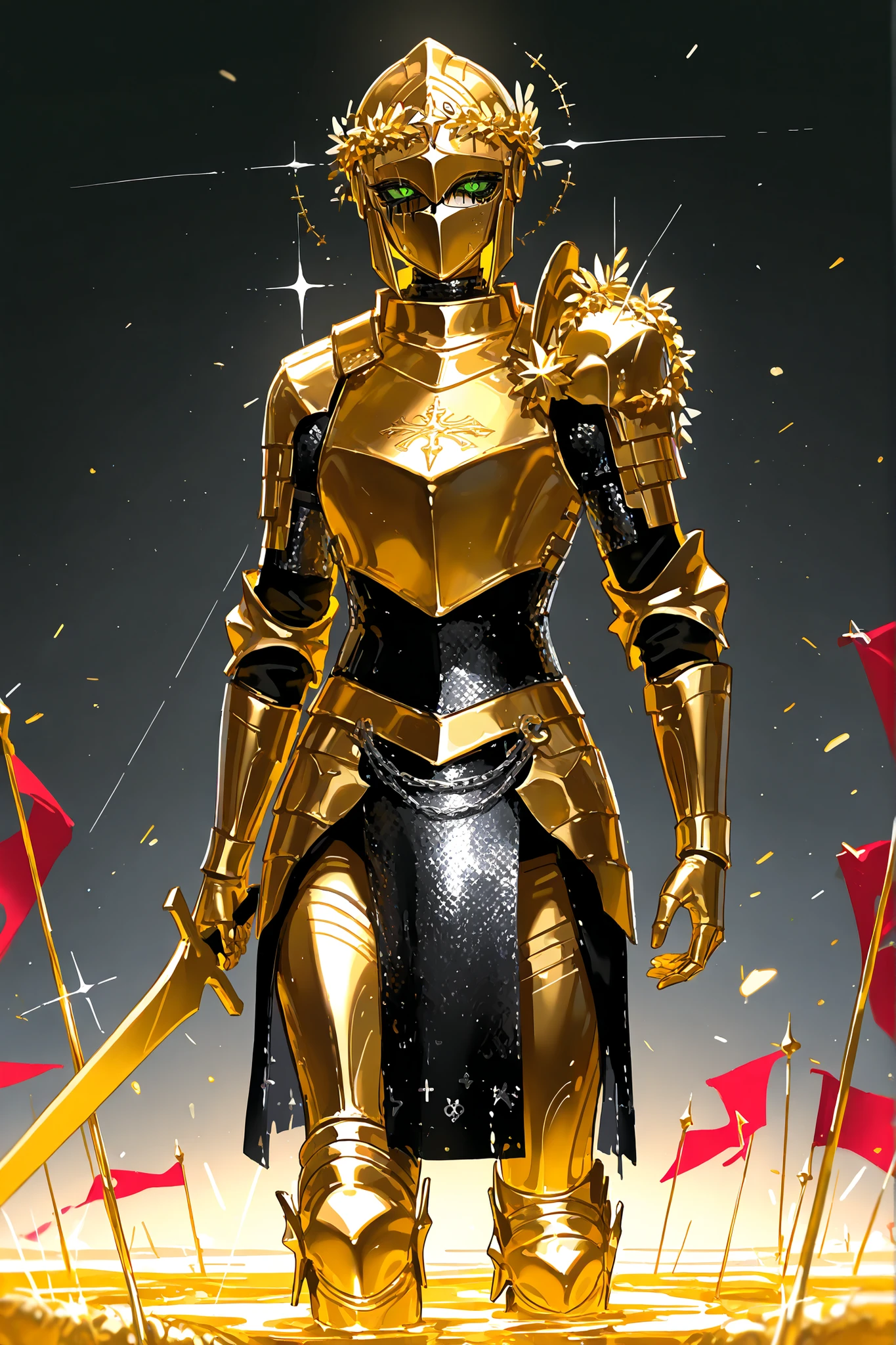 (Knight,metallic skin, gold metal skin,m3t4l, xxx667_illu,glowing,) Male character Crusader knight. He has tall mighty broad-shouldered body shape with masculine features. He has metallic gold skintone. his whole body are covered with molten liquid gold. He has green eyes that glow like emeralds. He has black leaking black mascara under his eyes. He wears a wreath of scarlet thorns on his head. He has wavy LONGEST golden bangless hairstyle floating in the air that glow in the dark. He wearing a silver mask on his face depicting a martyr expression with slits for eyes. He is clad in silver Milanese plate armor:breastplate, irregular shoulder pads with crosses, elbow pads, bracers, greaves, knee pads, armored boots. a scarlet shirt with a silver chain mail shirt on top. He has a silver sword in one hand. (On the background: the battlefield , there are many scarlet flags on the field-banners with silver eight-pointed crosses. On the frame written in Latin :"one sin and a thousand good deeds".)