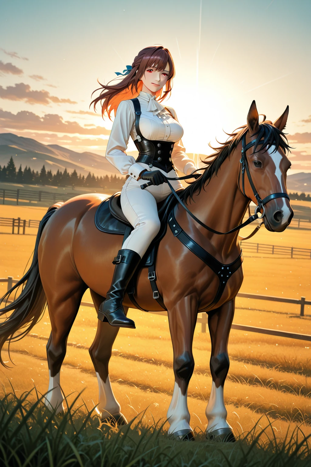 full side view of a big fat Clydesdale horse  mare with a massive bum and a very short tail. horse facing horizon . a very full figured black skinned   African woman riding horse. flat grass meadow. looking to horizon . a  single huge  pile of steaming horse dung on the ground behind horse.   cloudless blue sky. 