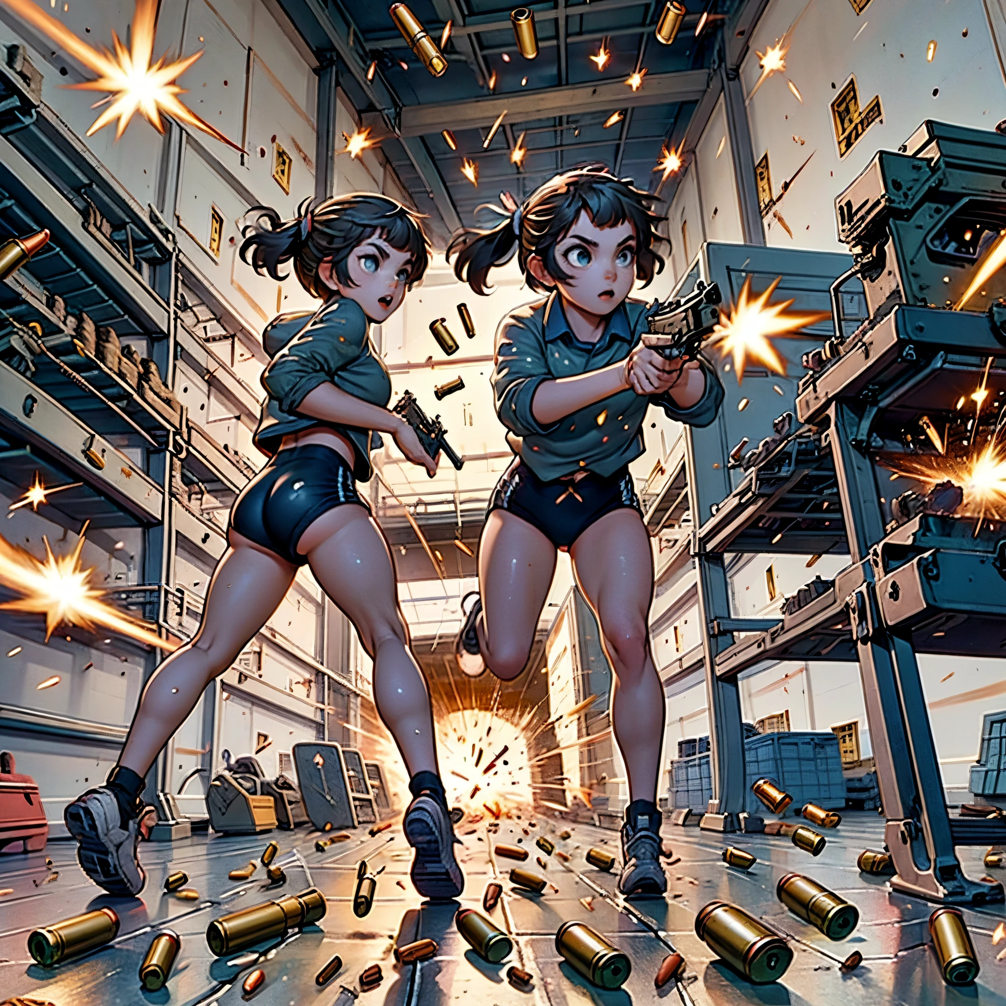 (yellow hair, blue eyes, blunt bangs, twintails) red shirt, black gymnastics bloomers,high leg,self wedgie,, Jude Smith, Eddy Shinjuku, (((firing, bullet, gun,light particles))), running, highly detailed, high budget Hollywood film, text