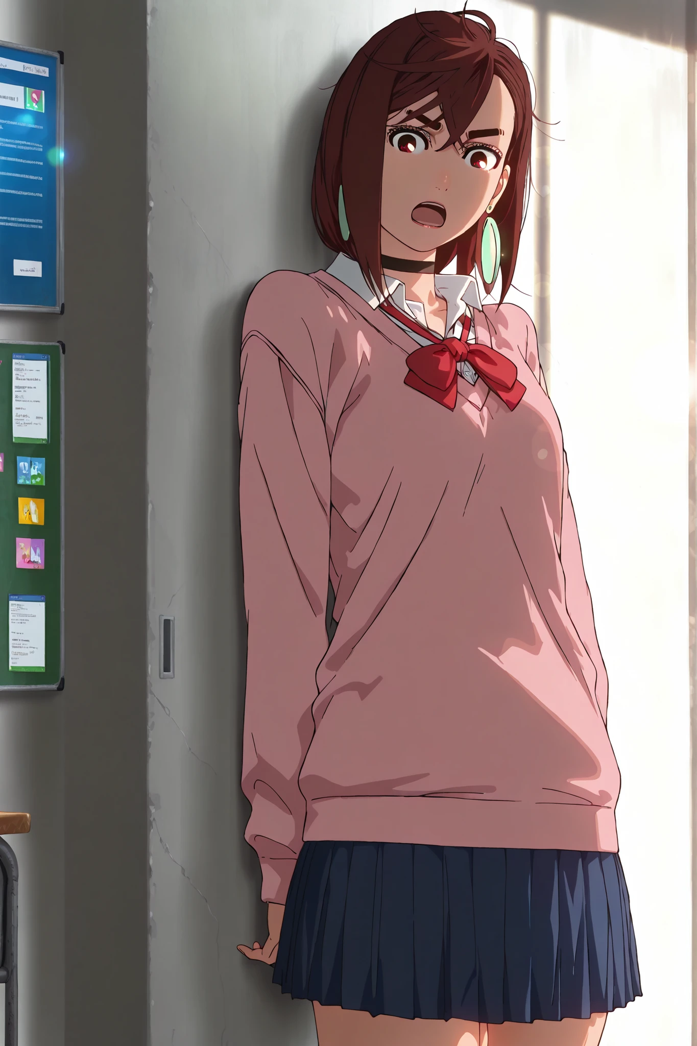 1girl, solo, (dandadan, ayase momo), short hair, bangs, thick eyebrows, brown hair, makeup, red eyes, green earrings, school uniform, blue skirt, pink sweater, red ribbon tie, choker, shiny skin, standing, leaning back against wall, looking at viewer, open mouth,
BREAK classroom, windows, in the afternoon, soft warm sunlight, gentle backlight, lens flare, cowboy shot,