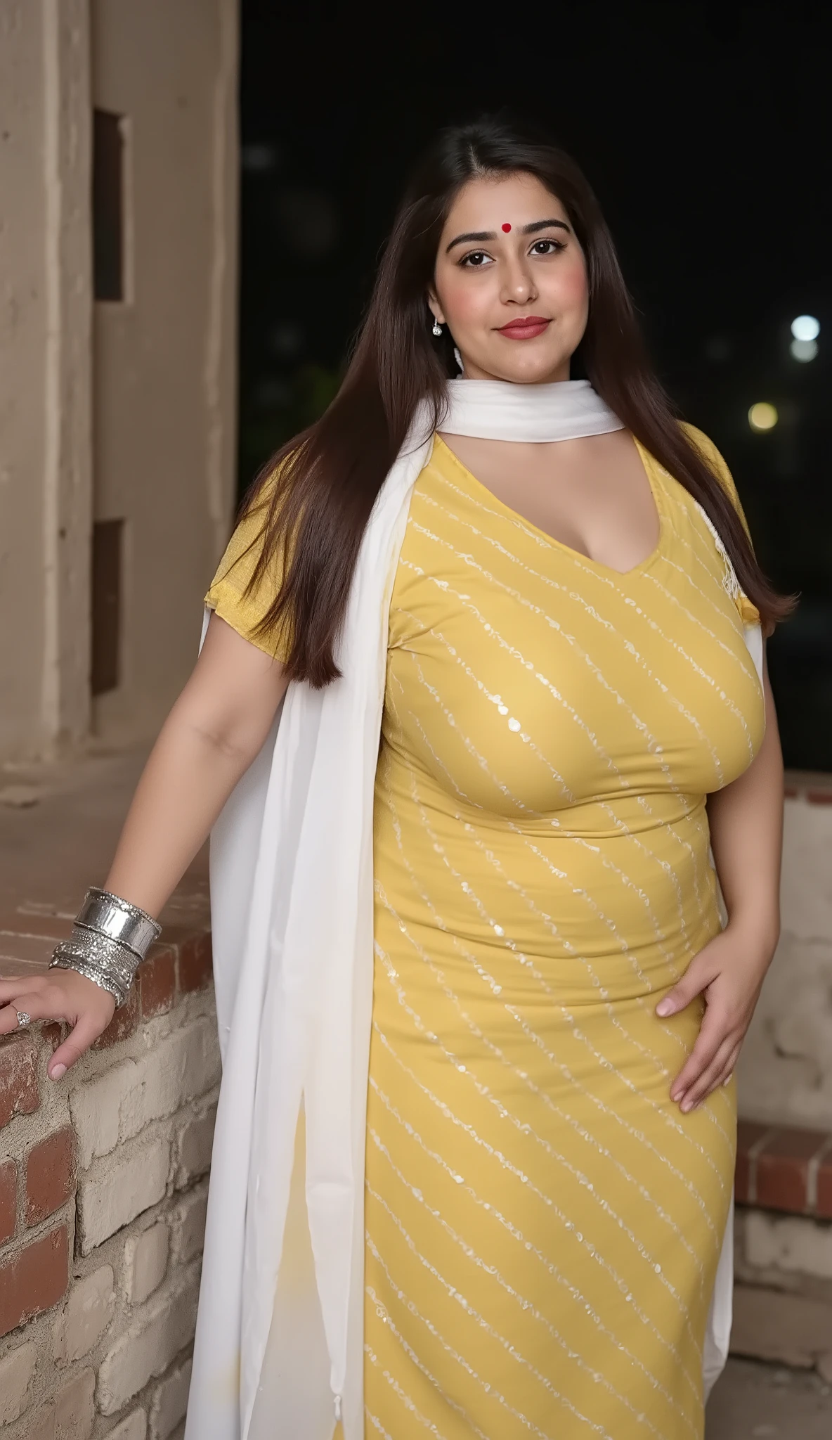 Beautiful chubby muslim Pakistani fair round face, chubby thick voluptuous body, mature housewife standing on abandoned building terace, leaning back on brick wall, wearing half sleeve kurti salwar, white sher scarf pallu, midnight darkness in background, horizon, sky, Busty, wide waist, hourglass voluptuous figure, curvy shyful eyes and a mischievous staring, horny exhibitionist, cotton fabric, matte finish fabric, highly detailed texture, detailed intricate pattern print, sunlight on black long hair ,High Resolution, Award Winning, High Details, Large breasts, Depth Of Field, Chromatic Aberration, shoot from front,