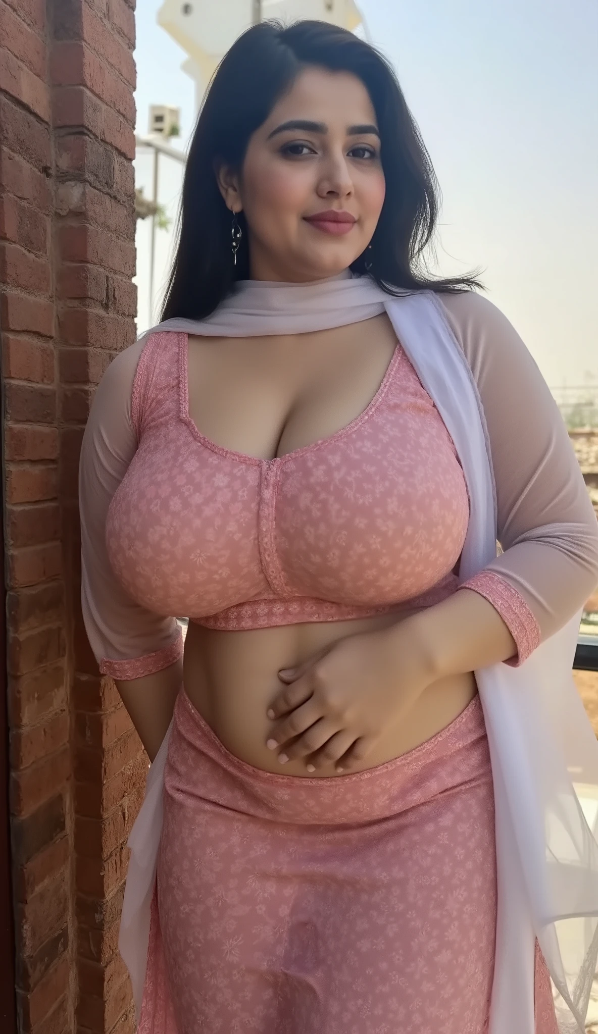 Beautiful chubby muslim Pakistani fair round face, chubby thick voluptuous body, mature housewife standing on abandoned building terace, leaning back on brick wall, wearing half sleeve kurti salwar, white sher scarf pallu, midnight darkness in background, horizon, sky, Busty, huge breasts, wide waist, hourglass voluptuous figure, curvy shyful eyes and a mischievous staring, horny exhibitionist, cotton fabric, matte finish fabric, highly detailed texture, detailed intricate pattern print, sunlight on black long hair ,High Resolution, Award Winning, High Details, Large breasts, Depth Of Field, Chromatic Aberration, shoot from front,