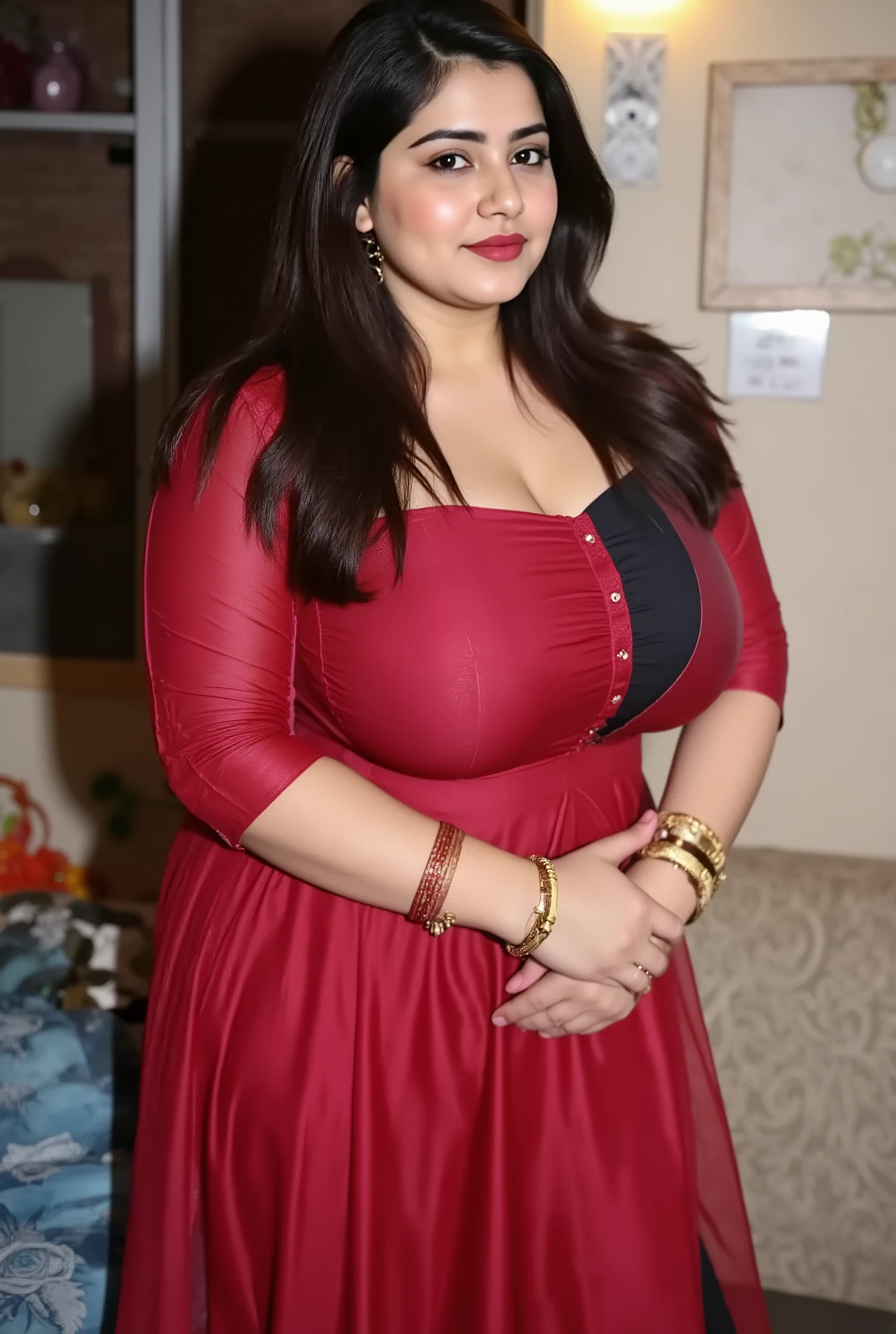 Midnight, darkness, Beautiful fair muslim Pakistani chubby face, voluptuous body, young newly married dulhan housewife standing near honeymoon bed in abandoned poor slum bedroom, wearing half sleeve red kurti salwar, black sher scarf pallu, room decorated in flowers in background, Busty, wide waist, hourglass voluptuous plump Chubby figure, curvy body, shyful eyes and a shyfully staring, horny exhibitionist, henna mehendi on hands, bangles, earings, anklets, dulhan jewellery, first honeymoon night, cotton fabric, matte finish fabric, highly detailed texture, detailed intricate pattern print, dimlight on black long hair ,High Resolution, Award Winning, High Details, Large breasts, Depth Of Field, Chromatic Aberration, shoot from front,