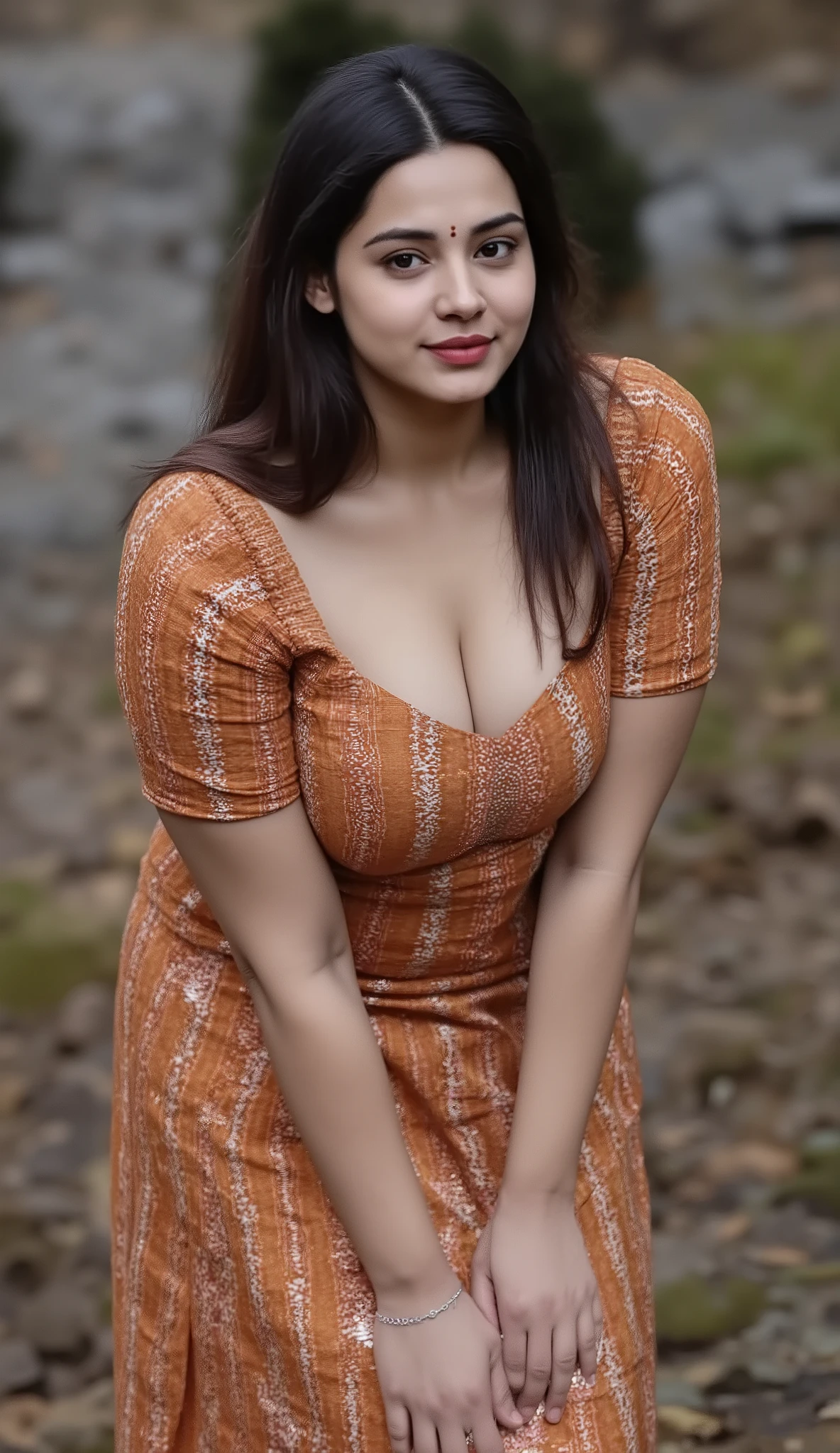 A woman with long dark hair wearing a colorful saree, leaning forward with her hands on her large breasts, downblouse creating a deep cleavage, extremely detailed face, beautiful detailed eyes, beautiful detailed lips, extremely detailed skin texture, intricate saree patterns, masterfully volumetric and tactile rendering, cinematic dramatic lighting, rich color palette, hyper-realistic, 8k, photorealistic, award-winning digital ar.