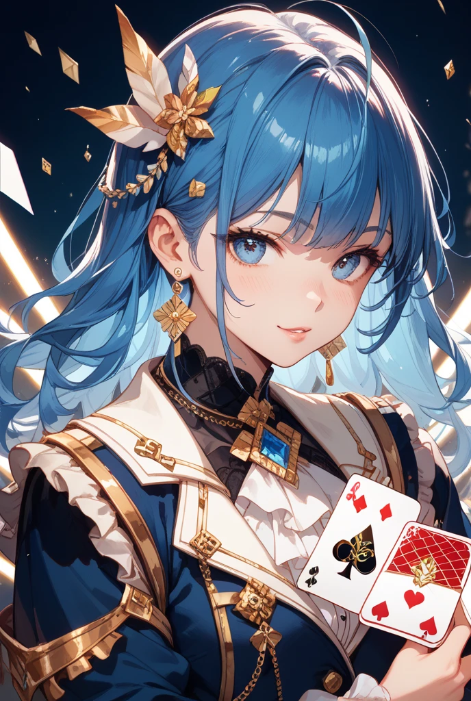 Cards，There are many cards floating in the sky，Girl holding cards，Girl holding a card，Big ，Wide ，Big ，Fantasy style，Magic Style，Sci-fi style，Sci-fi style与Magic Style，A girl holding a card with many cards floating behind her，Girl holding a card between two fingers，Girl holding cards，Correct human body structure，Correct body proportions，Girl holding a card，Girl holding cards，The girl holds a card in her hand，Street background，现代Street background，现代都市Street background，Magic Style的背景，Modern urban background，Cards floating in the sky，Cards floating in the background，Upper body close-up，Close-up above the waist，背景中有很多Cards floating in the air，Cards floating in the air，Tarot cards floating in the air