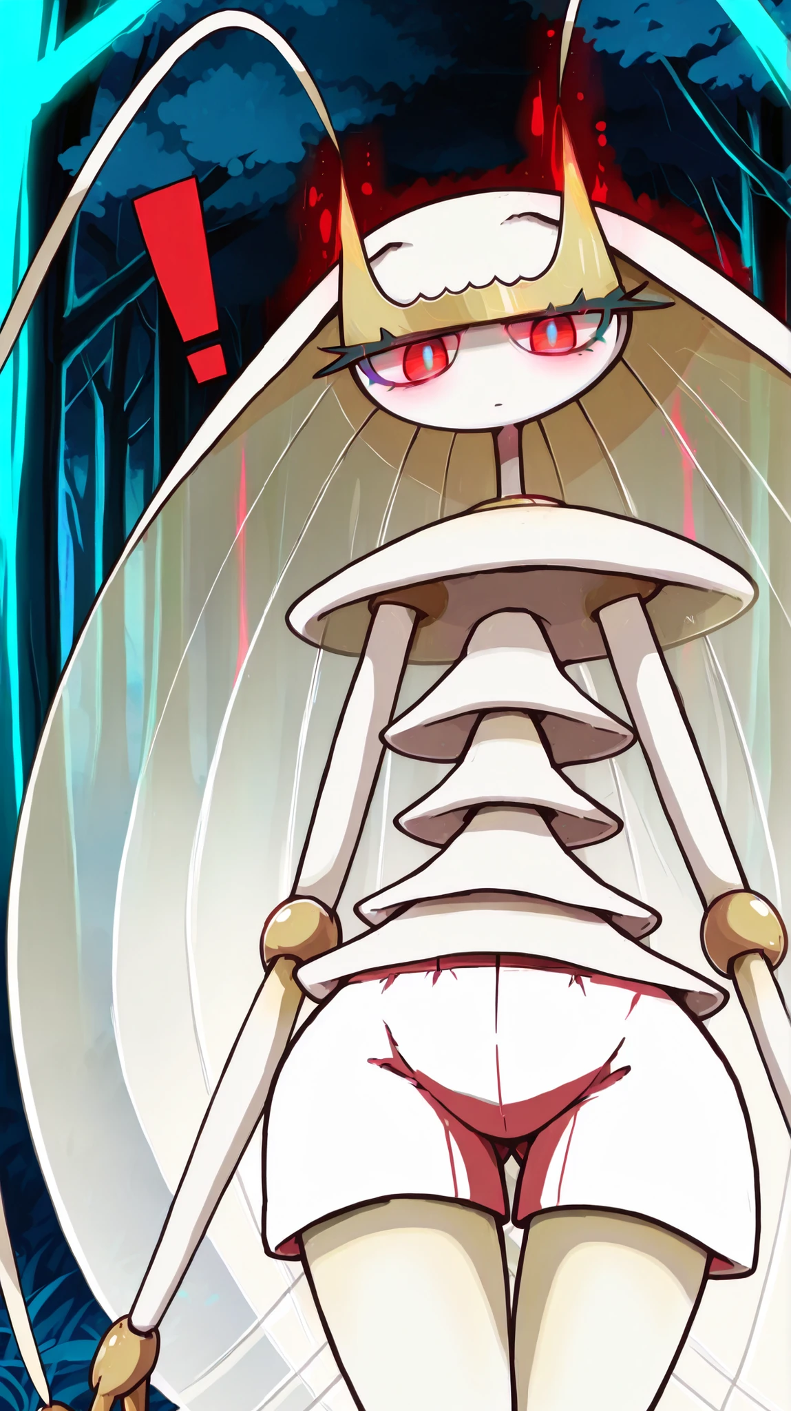 ((Pheromosa from Pokemon)), White Body,white misty forest Background,Wide Hips, Thin Waist, Very Thin Waist, ((Wasp Waist)), Solo, vibrant colors, cel shading, Simplistic Art Style, solo, (red single exclamation mark:1.5),((glowing red eyes:1.4)),(oyabun),look at viewer,((over view ))
,微笑む