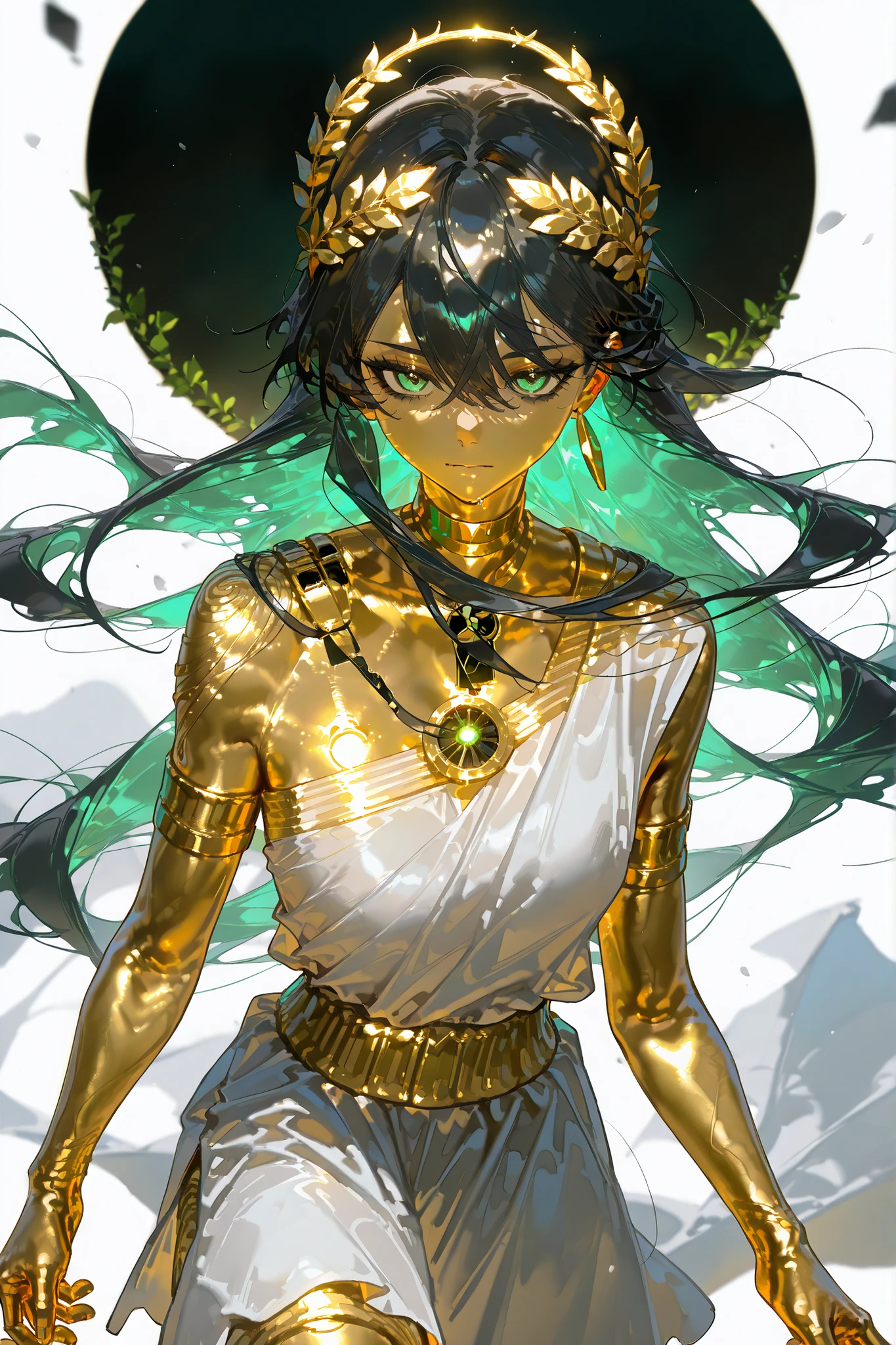 (ancient greek clothes,greco-roman clothes,gold choker,armlet,laurel crown,metallic skin, gold metal skin,m3t4l,glowing,) Male character greek god. He has tall mighty broad-shouldered body shape with masculine features. He has metallic gold skintone. his whole body are covered with molten liquid gold. He has green eyes that glow like emeralds. He has black leaking black mascara under his eyes. He wears a wreath of scarlet thorns on his head. He has wavy LONGEST golden bangless hairstyle floating in the air that glow in the dark. He wearing a  scarlet red Greek toga (tunic) with gold embroidery. He's barefoot. (On the background: an overgrown ancient Greek temple made of black marble and gold)