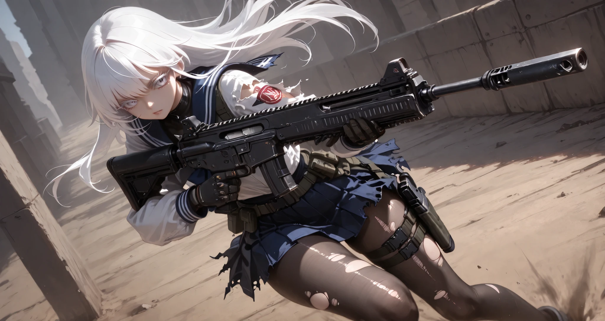 (masterpiece, Highest Quality, super detailed anime style digital painting holding a large assault rifle、closeup pictures), 1girl, long white hair、White eyelashes、Girl in a Sailor Suit、pleated skirt、I'm holding a big assault rifle。A holster belt is attached only to the thigh of the right foot, and a handgun is inserted、Equip your belt with a survival knife、pantyhose, dramatic composition、dynamic angle、perspective、Dynamic、masterpieceポートレート、Wilderness Battlegrounds 、torn clothes