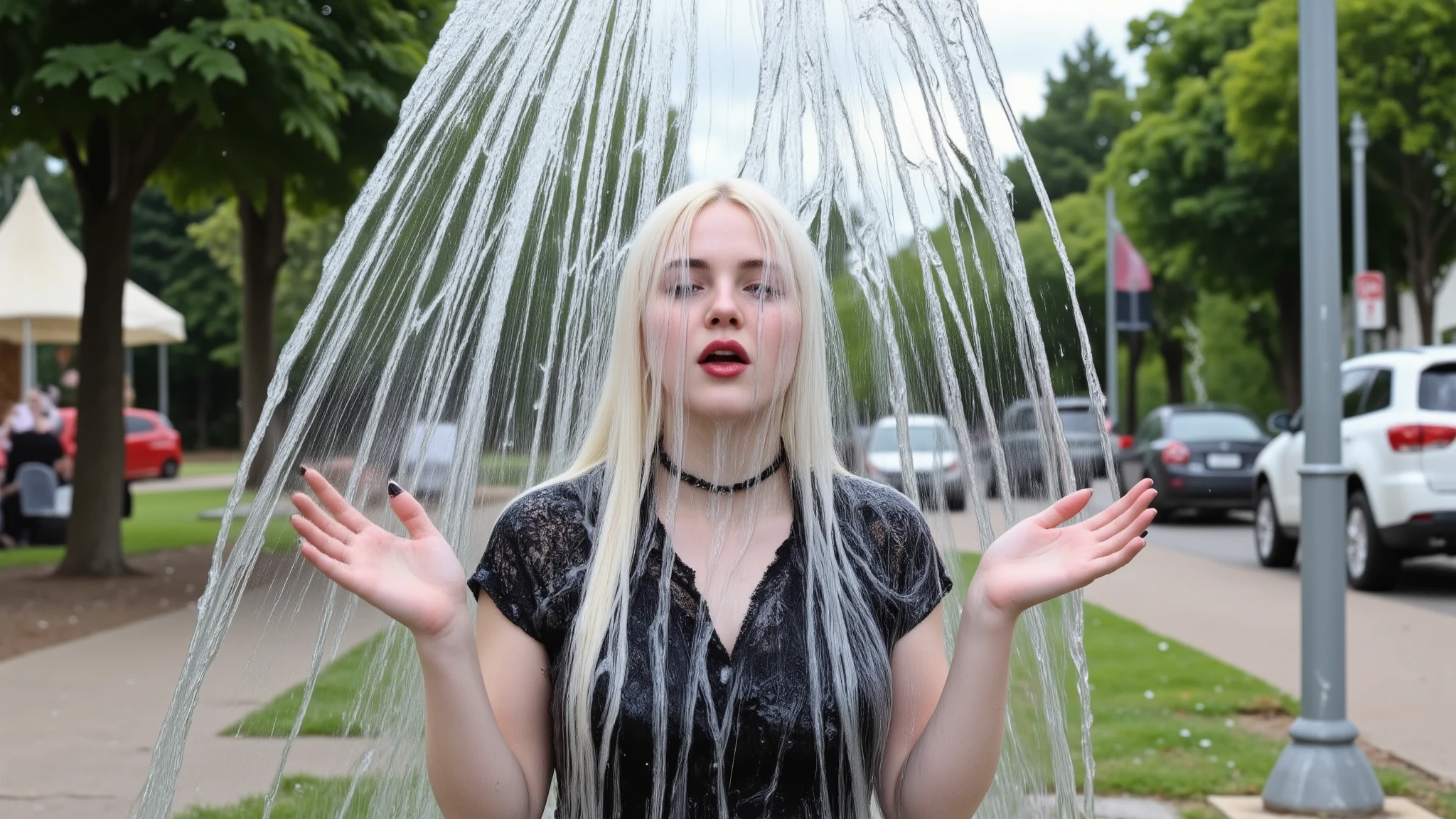 A beautiful 18-year-old goth girl with long white hair that goes all the way down to her calves. She is wearing a black lace-top peasant dress, black high heels, a black spiked choker, black lipstick, smoky eye shadow, and long black press-on false nails. She is being drenched by a massive cascade of water that is dropping in from off-screen. Her face is covered is cascading water. She is completely drenched. She is completely soaked. Drenched. Soaked. Water running down face. Water cascading over face. High speed photography. 8k. Photorealistic 1girl. Solo. Full body shot. Park setting.