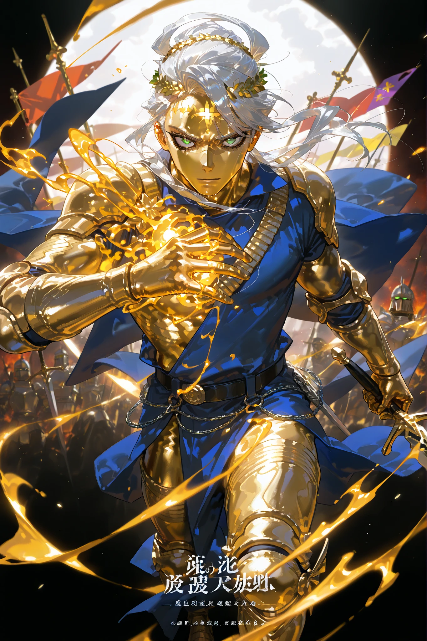 (gold metal skin,) Male character Crusader knight. He has tall mighty broad-shouldered body shape with masculine features. He has metallic gold skintone. his whole body are covered with molten liquid gold. He has green eyes that glow like emeralds. He has black leaking black mascara under his eyes. He wears a wreath of scarlet thorns on his head, as like Jesus. He has wavy LONGEST golden bangless hairstyle floating in the air that glow in the dark. He is clad in silver knight armor:plastron, irregular shoulder pads with crosses, elbow pads, bracers, greaves, knee pads,armored boots. He wearing a scarlet shirt with a silver chain mail shirt underneath. He has a sword in one hand. (On the background:battlefield where are many scarlet flags on silver eight-pointed crosses. Frame with text written in Latin:"one sin and a thousand good deeds".)