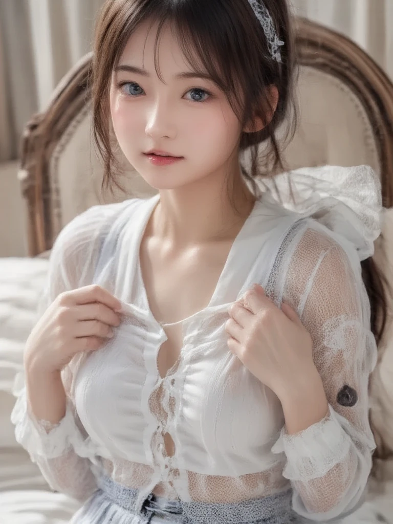 (Girl in a semi-transparent one-shoulder white miniskirt dress), (フォトRealistic:1.4), (ハイパーRealistic:1.4), (Realistic:1.3), (Smooth lighting:1.05), (Cinematic Lighting Quality Improvements:0.9),. 32K, 1 Girl,20 year old girl, Realistic lighting, Backlight, Face light, Ray tracing, (Brightening light:1. 2), (Image quality improvement:1.4), (Highest quality realistic textured skin:1. 4),(Big Blue Eyes), Detailed drawn eyes、Detailed painted face、Fine textured eyes、(tired、sleepy、satisfaction:0.0)、A shirt that shows off a lot of cleavage、(Accentuates the body line:1.1)、(Beautiful textured skin:1.1)、(Red petals are flying)、（Black lace panties are visible)、Slim long legs、