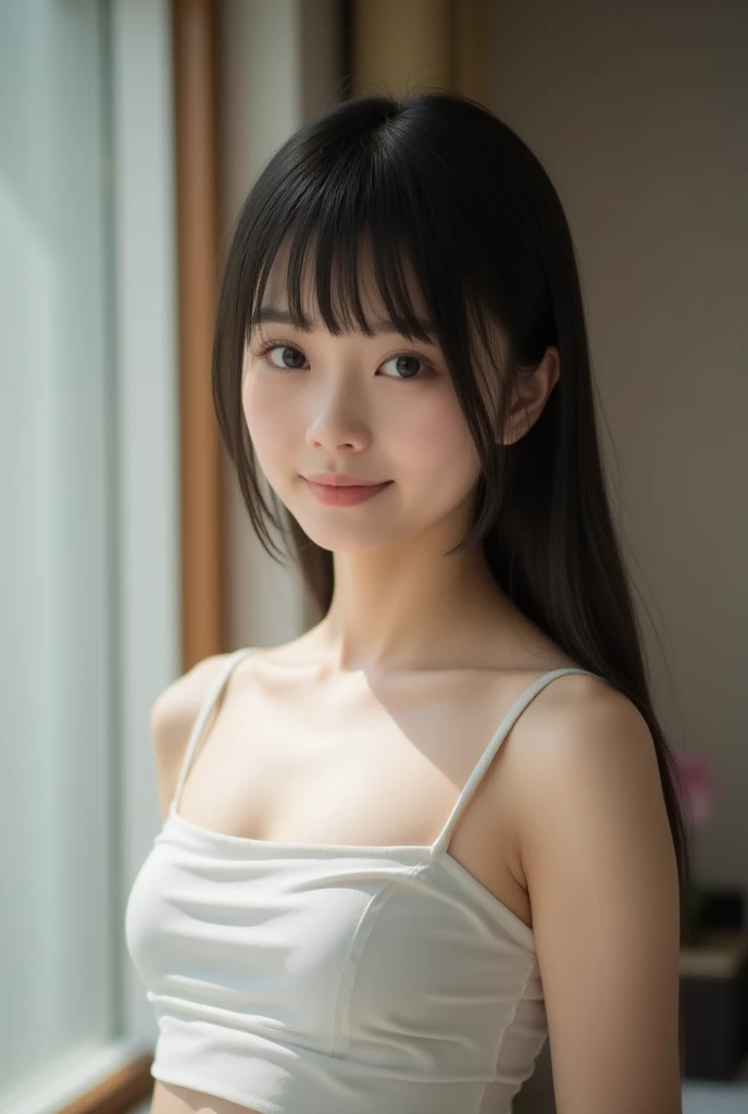 Best image quality, Focus, Soft light, Black hair, (Japanese)), (((Front, 15years old))), (Depth of field), Ultra high resolution, (Real: 1.4), RAW photo, ((裸エプロン)), smiling face
