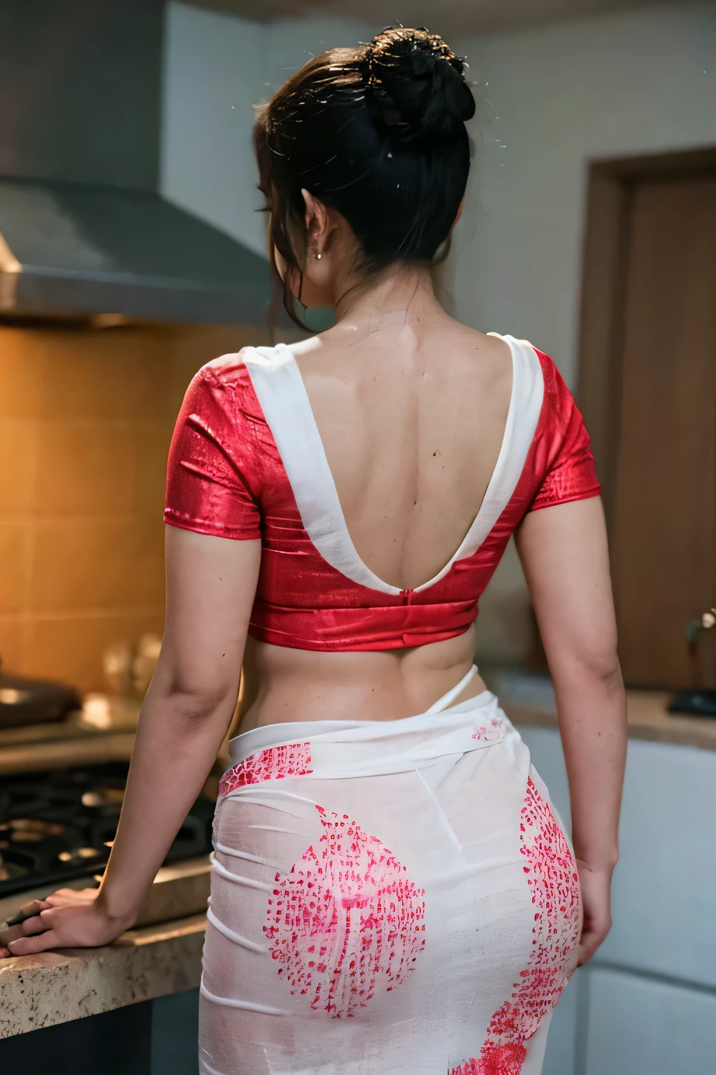 A mature Indian woman, extremely chubby figure, fatty woman, gigantic breasts, inside a kitchen, standing infront of a kitchen gas stove, cooking on the gas stove, cooking curry, a pan on the gas stove, modern kitchen interior, professional lighting, gradient background. Well lit room, Super curvy figure, well-defined curves, beautiful breasts, gigantic breasts, perfectly shaped real breasts. Photorealistic, ultra-realistic real-life woman, ultra 4k quality, 8k, high resolution, ultra-detailed, Hd image quality, 4k image. extremely detailed skin, realistic skin texture, shiny wet skin, detailed sweaty skin, sweating heavily, (soaked in sweat :1.2). Her hands are perfectly shaped, perfect fingers, perfectly shaped head features, hairbun, professional hairbun, light jewelry. Wearing a cotton blouse, red blouse, short blouse sleeves, red cotton blouee, woman in saree blouse, thin cotton saree, light colour saree, dot printed, casual plain cotton saree, saree border, realistic thighs. thick chubby ass, Extremely sweaty skin, sweating heavily, fatty ass, long earring, bangles on hand, wearing a necklace, sweating heavily, sweat drops on back, sweating skin. Backview, view from back, detailed back view, detailed saree on ass, proper saree, perfectly drapped saree on back, thick ass, proper saree on ass, smooth spotless skin, Backshot, candid photography, candid backshot, extremely chubby figure, fatty curvy back, proper saree on waist, ultrablow waist saree, backless blouse, thin blouse strap, slim blouse, shiny skin, oiled skin, back closeup, closeup view of back