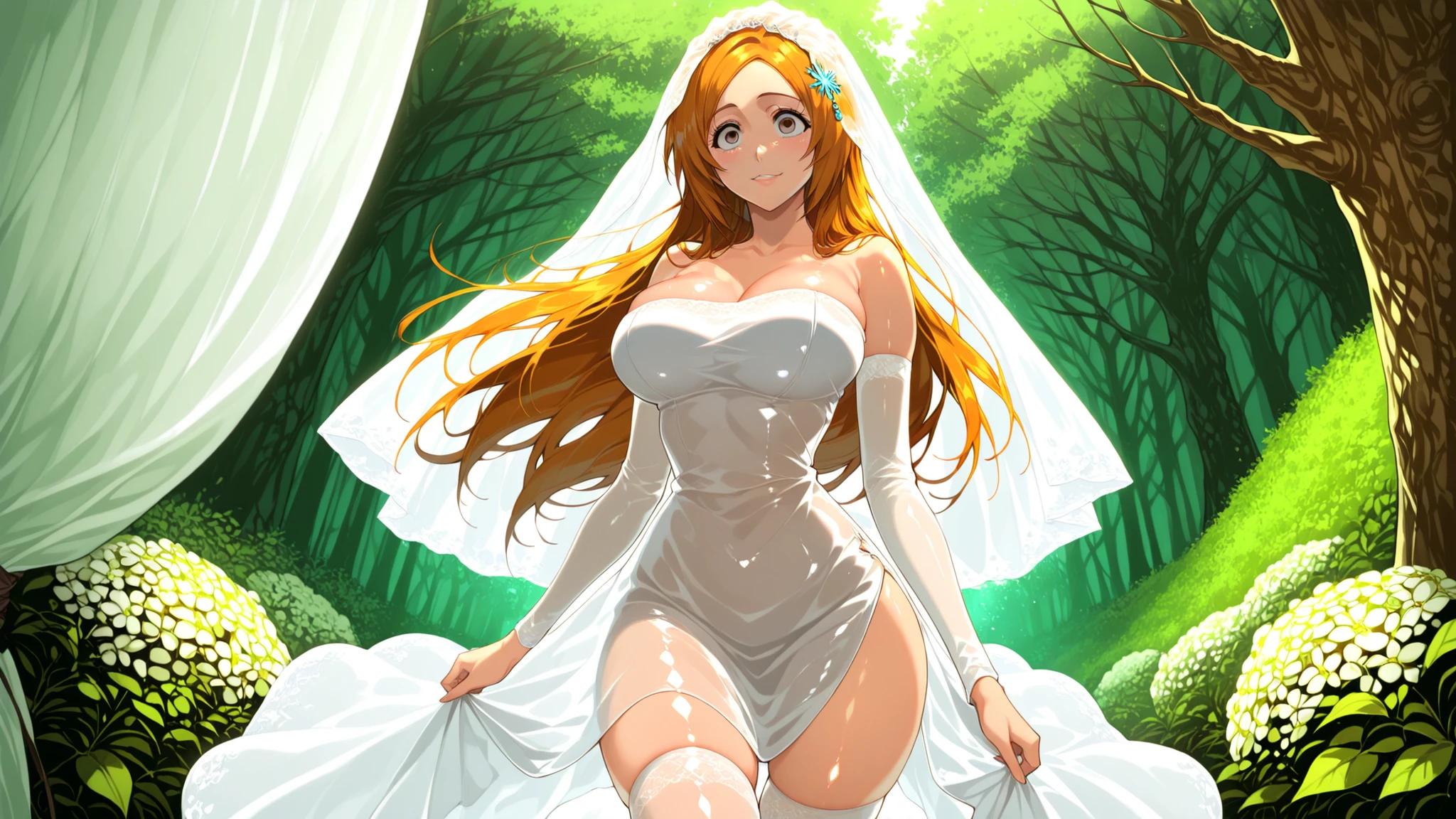 Inoue Orihime \(bleach\) a young girl posing in a black, sheer cover-up with a flower in her hair, standing in a lush, . on the middle of the image, a 16-year-old girl with light skin, with long orange hair and parted bangs, appears to be smiling at the viewer. she is standing with one hand on her hip and the other hand resting on a tree trunk. the woman is wearing a sheer, white, long-sleeved, see-through dress that reveals her shoulders and thighs. the background is filled with dense green foliage and sunlight filtering through the trees, creating a natural and serene atmosphere. 1girl, solo, unrivaled beauty, whole body, bouquet, bridal veil, veil, curtains,thighhighs, vase, assertive female, hair ornament, brown eyes, straight hair, untangled hair, , althethic body, slender body, shiny skin, eyeliner, douyin eyes, nice eyes,constricted pupil, porcelain skin, , good-looking, lips, thigh and calf lines, dramatic angle, Dynamic Poses, clothing texture, detailed eyes, beautiful face, beautiful girl, beautiful body, beautiful hair, ((Detailed background :1.5)). (HD eyes:1.4), ((4k,8k,Ultra HD)), {perfect body},cute face, soft lips, retro artstyle, 2000 style,