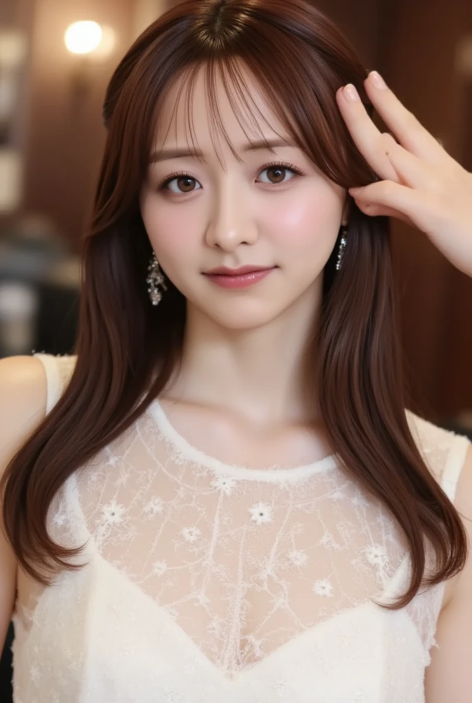 One-person viewpoint, (masutepiece:1.3), High resolution, ultra-detailliert, the Extremely Detailed CG Unity 8K Wallpapers, Realistic, Photorealsitic, Raw photo, beautifull detailed face, pale skin, realistic glistening skin, Detailed Cloth Texture, detailed hair texture, Perfect body, Beautiful face, 准确, Anatomically correct, Highly detailed face and skin texture, Natural neck length, (Beautiful hands), (Fair skin:1.2), Detailed eyes, symmetrical eye, Light brown eyes, Double eyelids, Thin eyebrows, (Glossy lips:1.4), ((gently smiling:1.2)), (blush:1.1),(Classy and cute girl:1.3), (Wear elegant clothes (Light purple) Button shirt:1.2),Close the button,Smaller chest,Beautiful collarbone, (Dark blonde hair, Wavy Hair, Long hair:1.2), ((asymmetrical bangs:1.2)), A dark-haired、Medium hair、straight haired、white walls、Taken in front of the white door、Poses variadas、profile、(Dark brown hair)、 (8K)、Shot in natural light、(Beautiful profile:1.3)