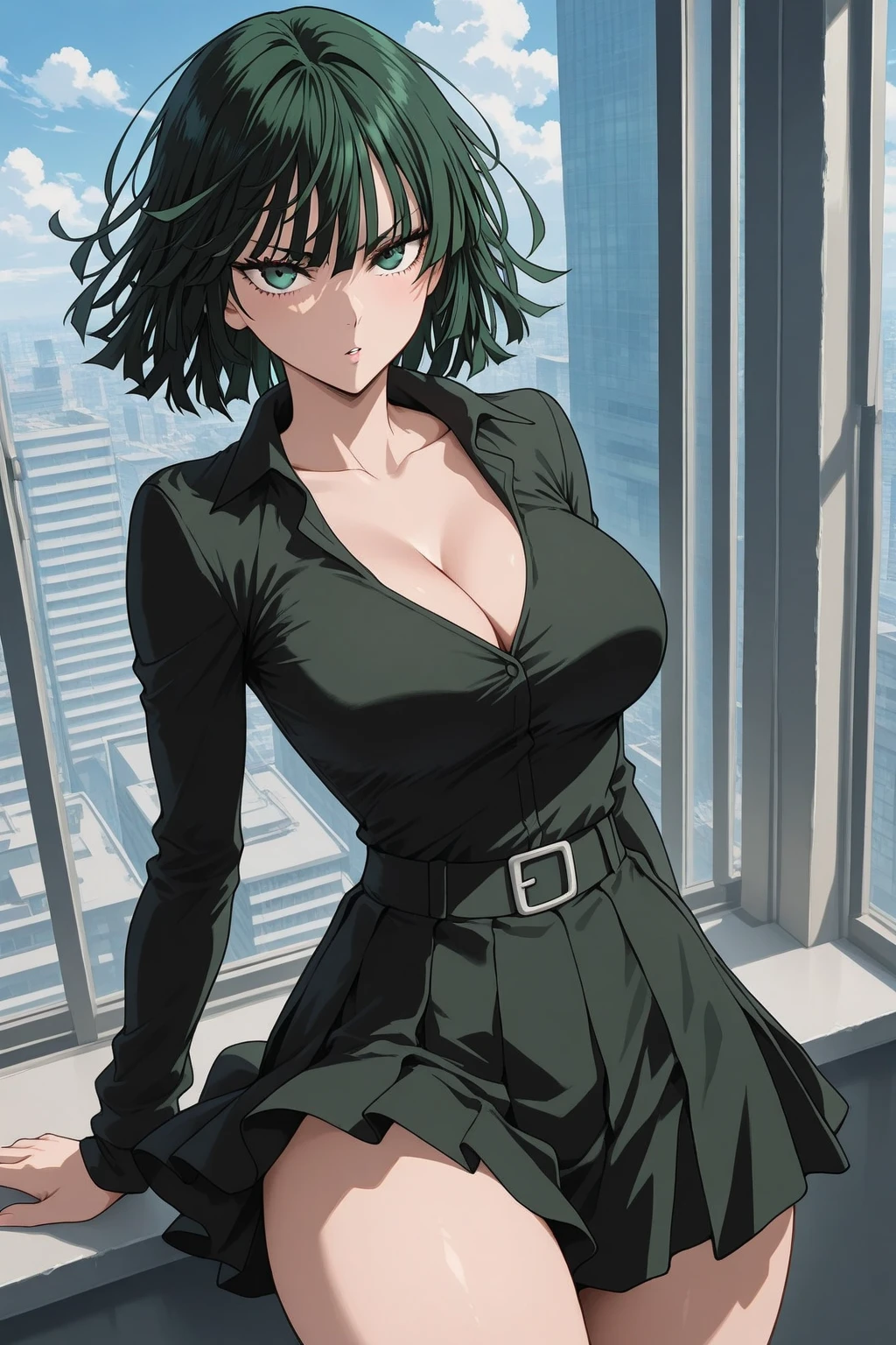 score_9,score_8_up,score_7_up,score_anime,score_manga,score_hentai,zPDXL2,<lora:Expressive_H:0.6>,expressiveh, 1girl,mature female,short hair,green hair,fubuki \(one-punch man\),<lora:One_Punch_Man:1>,covered , green latex dress, smirk, cinematic lightning, city background