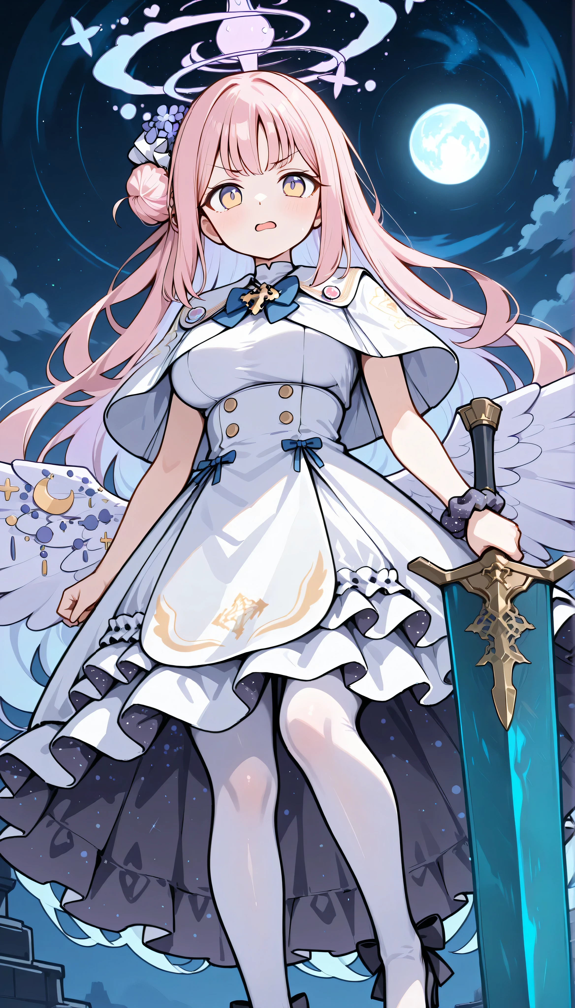 mika (blue archive),yellow eyes,single hair bun,pink hair,long hair,wings,halo,large breasts,white dress,capelet,wings,white pantyhose,high heels, solo, I can see my eyebrows from the inside of my hair, hair between eyes, masterpiece, Best Quality, very aesthetic, outdoor, in the night, starry sky, open mouth, moonlight sword, aiming a sword at above, sword with shining in blue lines were shiny and luminous, blue moon:1.5, with a thunder pattern, v-shaped eyebrows, from below, long shot, standing,