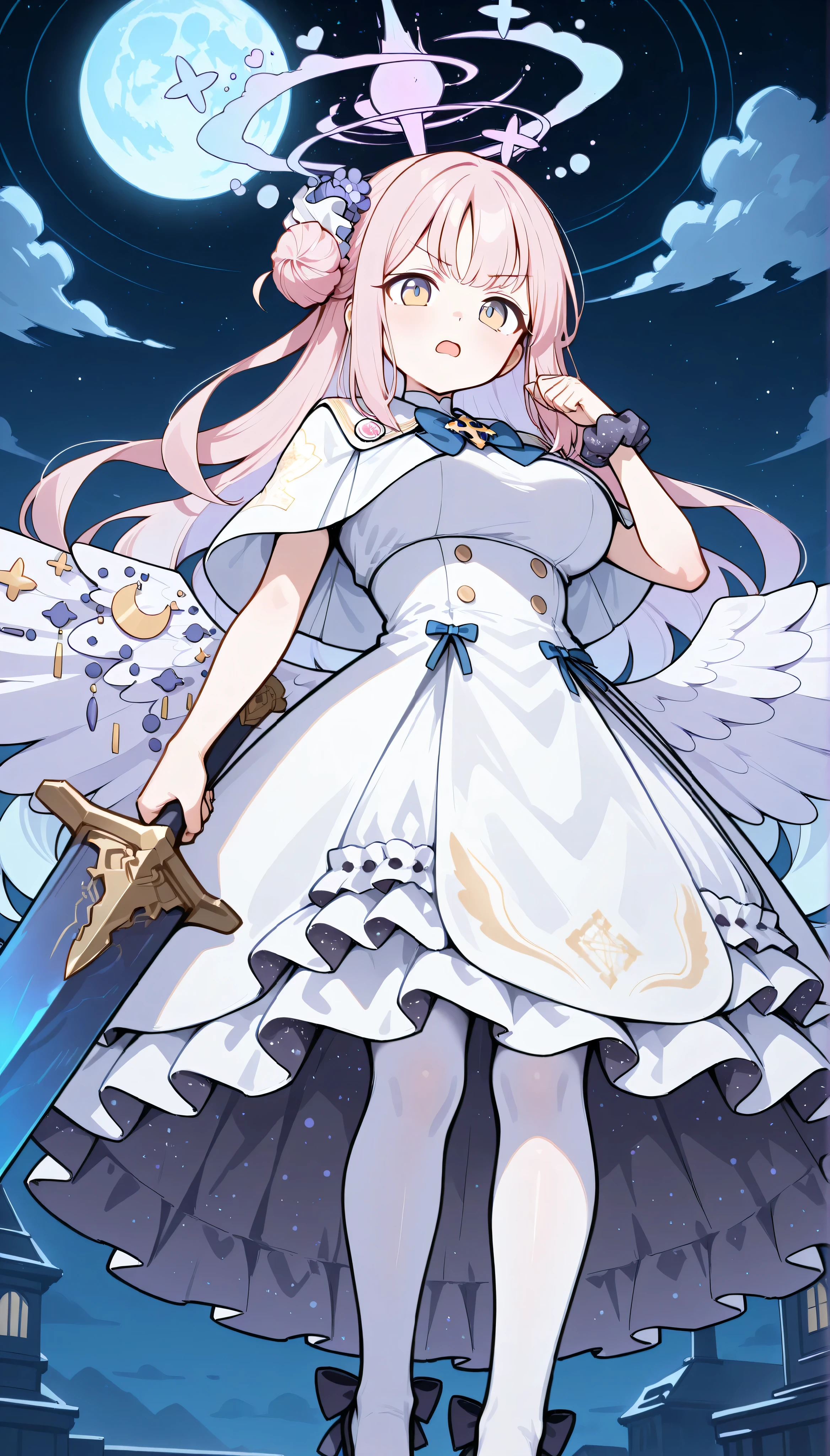 mika (blue archive),yellow eyes,single hair bun,pink hair,long hair,wings,halo,large breasts,white dress,capelet,wings,white pantyhose,high heels,　solo,　I can see my eyebrows from the inside of my hair, hair between eyes,　  masterpiece, Best Quality, very aesthetic, outdoor,　in the night, starry sky,   open mouth, moonlight sword, aiming a sword at above, sword with shining in blue lines were shiny and luminous, blue moon:1.5,　with a thunder pattern,  v-shaped eyebrows,　from below, long shot, standing,
