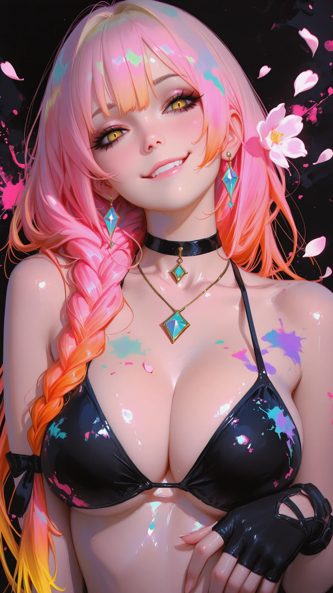 masterpiece, best quality, ultra-detailed, illustration,(1girl),beautiful detailed eyes, looking at viewer, close up, (breast focus), (arms behind back:1.2), (from above:1.1), pink hair, huge breasts, (breasts out:1.3), (off shoulder:1.1), underwear, dragon tattoo, tattoo, chest tattoo, arm tattoo, rib tattoo, breast tattoo, cleavage tattoo, neck tattoo, shoulder tattoo