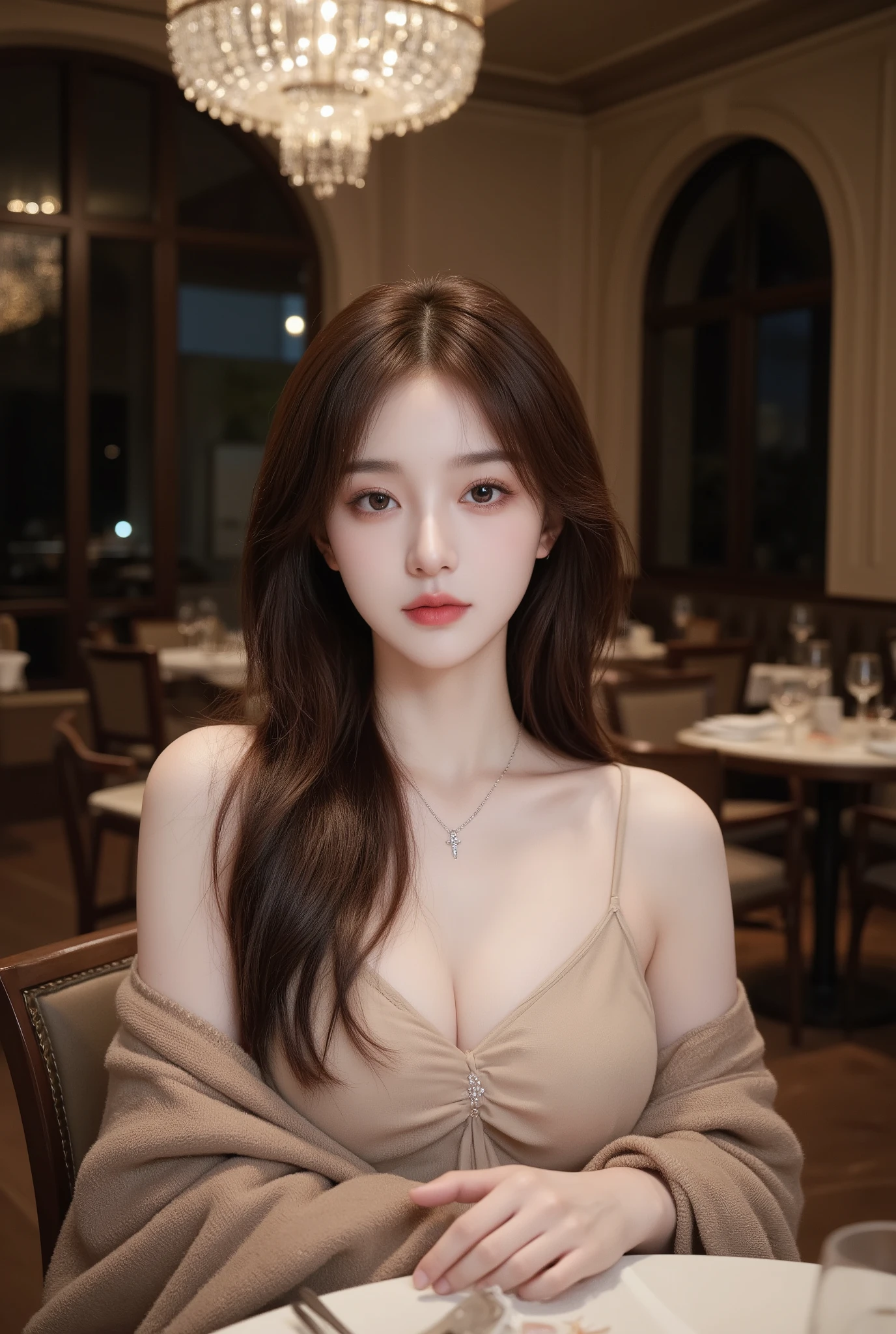 Ultra-realistic portrait of a beautiful young Chinese woman sitting at an elegant dining table in a luxurious restaurant with a nighttime atmosphere. Her delicate oval face and pale white skin glow softly, large eyes with a serene gaze, natural lips, and long, wavy, dark reddish brown hair flowing down her shoulders. She wears a nude dress with thin shoulder straps and a light brown shawl draped over her shoulders, and wears a small, sparkling cross necklace.
Her hands gently hold the shawl across her chest, posing gracefully and naturally.
The background is a dark, classic-modern room with large, elegantly arched windows and a sparkling crystal chandelier.
Soft lighting from the upper left front (soft warm light) creates highlights on her face and hair, with a slight shadow on the right side of her face, reflected in the warm light from the bright white crystal chandelier.
The camera is taken from a slightly eye-level angle, with a medium close-up composition (chest up), a shallow depth of field with soft bokeh in the background, and a sharp focus on her face.
Realistic cinematic style, natural skin texture, ultra-high quality, 4K detail, professional studio lighting yet natural. Taken with an iPhone 15 Pro (Ulzzang female effect).