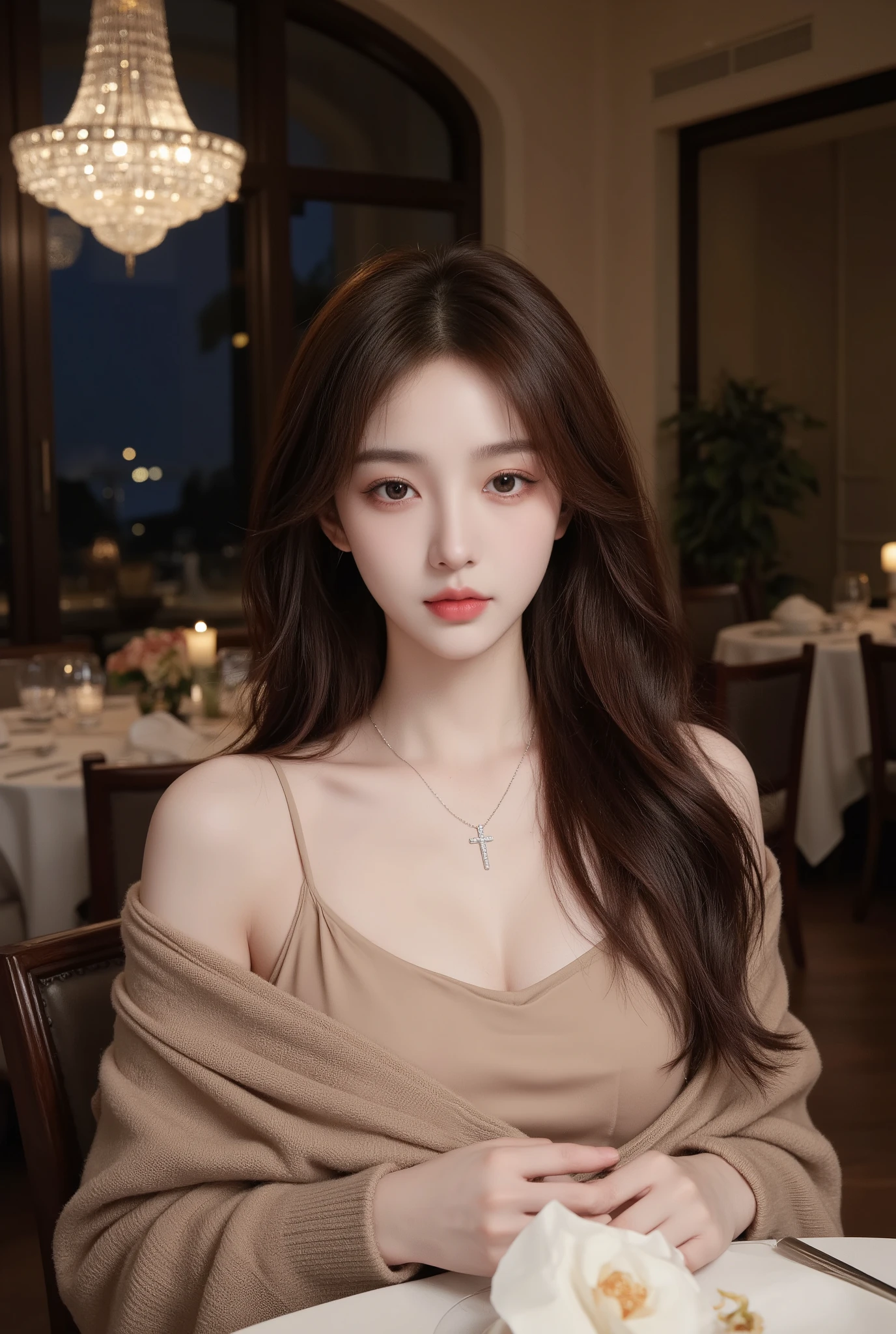 Ultra-realistic portrait of a beautiful young Chinese woman sitting at an elegant dining table in a luxurious restaurant with a nighttime atmosphere. Her delicate oval face and pale white skin glow softly, large eyes with a serene gaze, natural lips, and long, wavy, dark reddish brown hair flowing down her shoulders. She wears a nude dress with thin shoulder straps and a light brown shawl draped over her shoulders, and wears a small, sparkling cross necklace.
Her hands gently hold the shawl across her chest, posing gracefully and naturally.
The background is a dark, classic-modern room with large, elegantly arched windows and a sparkling crystal chandelier.
Soft lighting from the upper left front (soft warm light) creates highlights on her face and hair, with a slight shadow on the right side of her face, reflected in the warm light from the bright white crystal chandelier.
The camera is taken from a slightly eye-level angle, with a medium close-up composition (chest up), a shallow depth of field with soft bokeh in the background, and a sharp focus on her face.
Realistic cinematic style, natural skin texture, ultra-high quality, 4K detail, professional studio lighting yet natural. Taken with an iPhone 15 Pro (Ulzzang female effect).