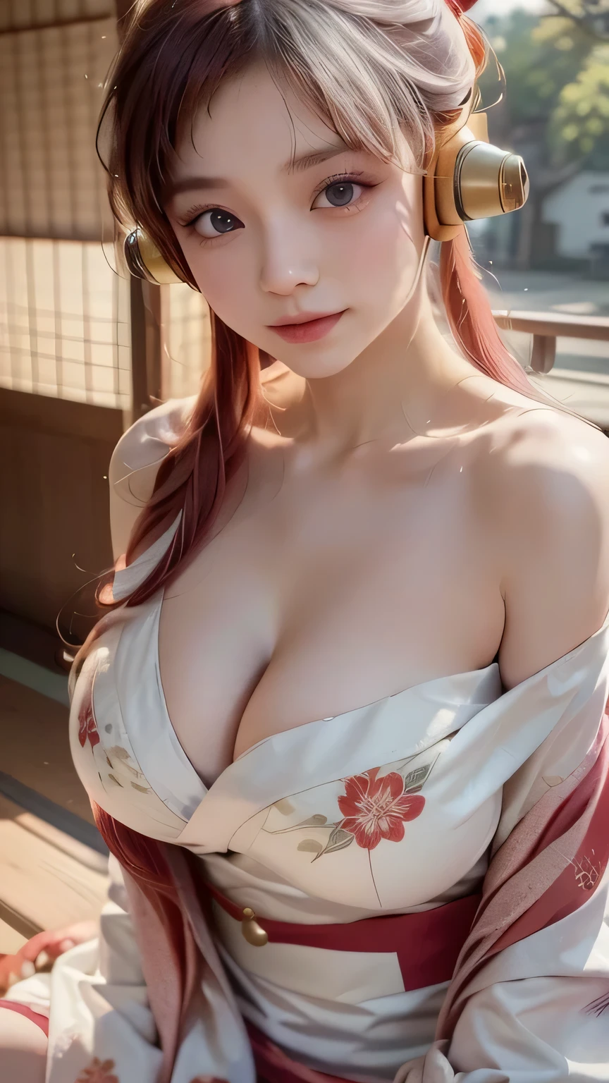 Uta, One Piece Movie,
has long, two-toned hair (white and red), purple eyes, and wears gold headphones. She sits casually on a traditional Japanese wooden veranda (engawa:1.1), her head slightly tilted, her eyes staring sleepily. She wears a white and red, strapless, off-shoulder kimono (furisode kimono:1.2) with a floral motif and delicate golden musical notes. The kimono slowly slides down her shoulders, revealing her natural cleavage. A gentle breeze ruffles her hair.
((Cleavage)), (sweet smile:1.1), ((large breasts:1.3)), ((furisode kimono:1.2)), (strapless, off-shoulder kimono:1.1), (headphones), ((red and white hair:1.3)), (detailed image:1.2), (detailed face). (high-quality realistic lighting), masterpiece, ultra-realistic, 8k, photorealistic, high dynamic range, soft sunlight, soft focus, realistic skin tones, fine details, delicate textures, gentle expressions, peaceful atmosphere, elegant feminine beauty, traditional Japanese style