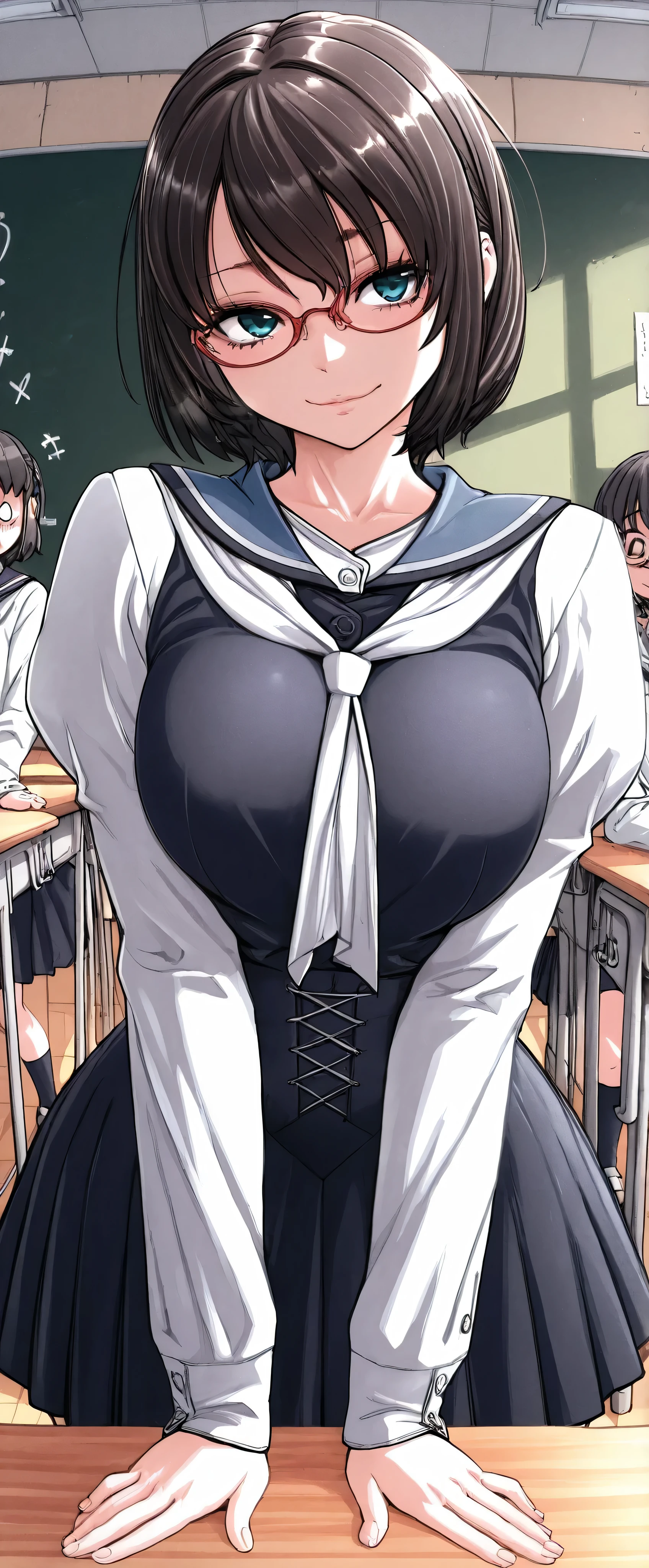 high resolution, Adult Woman , Good Lighting, classrooms, (((school uniform)), , Abdominal area only, cute faces getting creampied, , (thin waist)((short hair,Dark Haired)),Glasses,cute pose