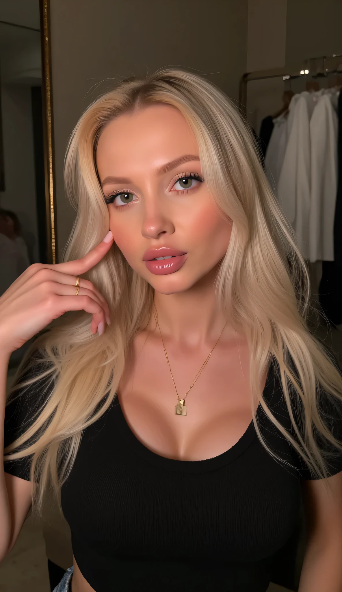 (RAW photo, 8k, ultra-detailed, masterpiece, hyperrealistic:1.6, natural skin texture, realistic lighting, depth of field, volumetric light, cinematic tone mapping, fine detail, DSLR lens flare, professional photography), (beautiful young woman, natural expression, subtle makeup, soft skin pores visible), (indoor ambient light at summer noon, warm tones, 1990s aesthetic, denim lens effect), wearing a short-sleeve black T-shirt, casual posture, realistic shadows, smooth light transitions, perfect focus on face and upper body, bokeh background, realistic human proportions, photorealistic depth and color balance.