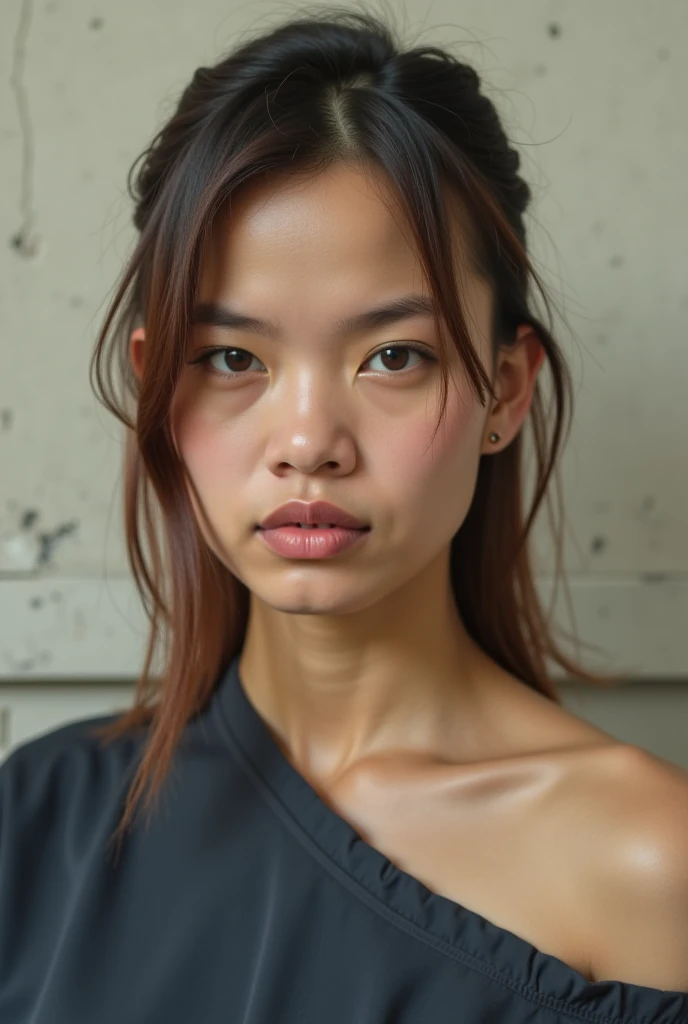 ultra-high-resolution 8K, best quality, (photo realistic:1.4) profile photo, 
BREAK 
a fashion model, asian, woman, athlete, 30years old, dark straight hair tied back, square face, black and small eyes, stern eyes, thick and straight eyebrows, snub nose, plump lips, fair skin with detailed and realistic skin texture,
BREAK 
looking straight ahead, upper torso shot capturing her intense gaze, 
BREAK
 (muscular body), single eyelid, closed mouth, natural makeup, wearing white no-sleeve top, exuding the vibe of a fashion model with a neutral, serious expression, 
BREAK