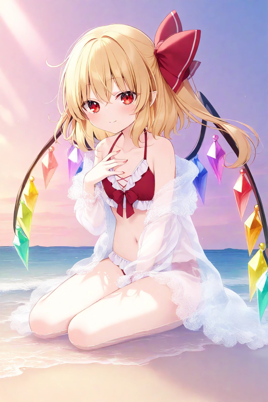 flandre_scarlet, little childish girl water playing, little children, (tiny ?????:1.1),smile, exphosed ????? and groin , no panties,Sunburn mark ,wet,dynamic water splash ,outdoor,blue sky, 