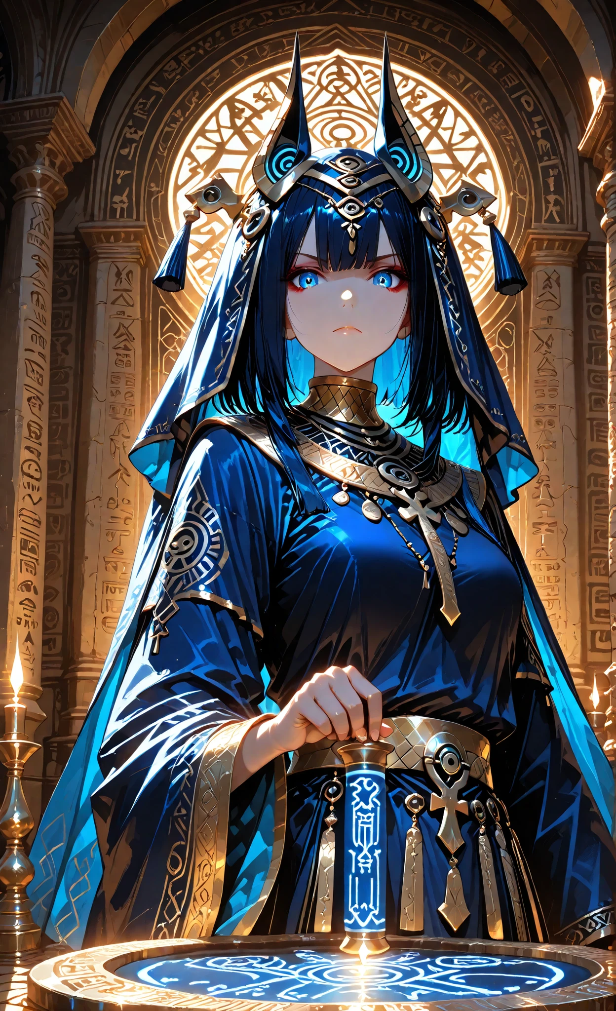 masterpiece, high resolution, fixed to dramatically open a veil engraved with hieroglyphics、oracles that reveal one (detailed eyes:1.2) contains ancient hieroglyphic symbols、casts shadows of hieroglyphics as it moves, High collars and、sacred geometric embroidery in royal blue and gold、graceful hands that reveal prophecies、royal Egyptian ceremonial costume, (sharp eye:1.1) sacred geometric embroidery, cobra's The elaborate solar disc headdress with motifs is、visible features delicate golden powder highlights throughout, (smooth skin:1.1) perfect white marble quality、suggest a sacred lineage, Sacred pool that reflects candlelight、graceful hands that reveal prophecies, temple of Isis settings、giant columns、divine clarity and human deception Spot through, golden irises that slowly rotate and change meaning, partially unfold an ancient papyrus scroll、The fabric of a veil actually woven with sunlight, ceremonial protective jewelry with eye of Horus and scarab motifs adorn her elegant figure, (Dramatic Lighting:1.2), (Rimlight:1.1), ancient mysticism, (Colored Shadow:1.3), God's Revelation