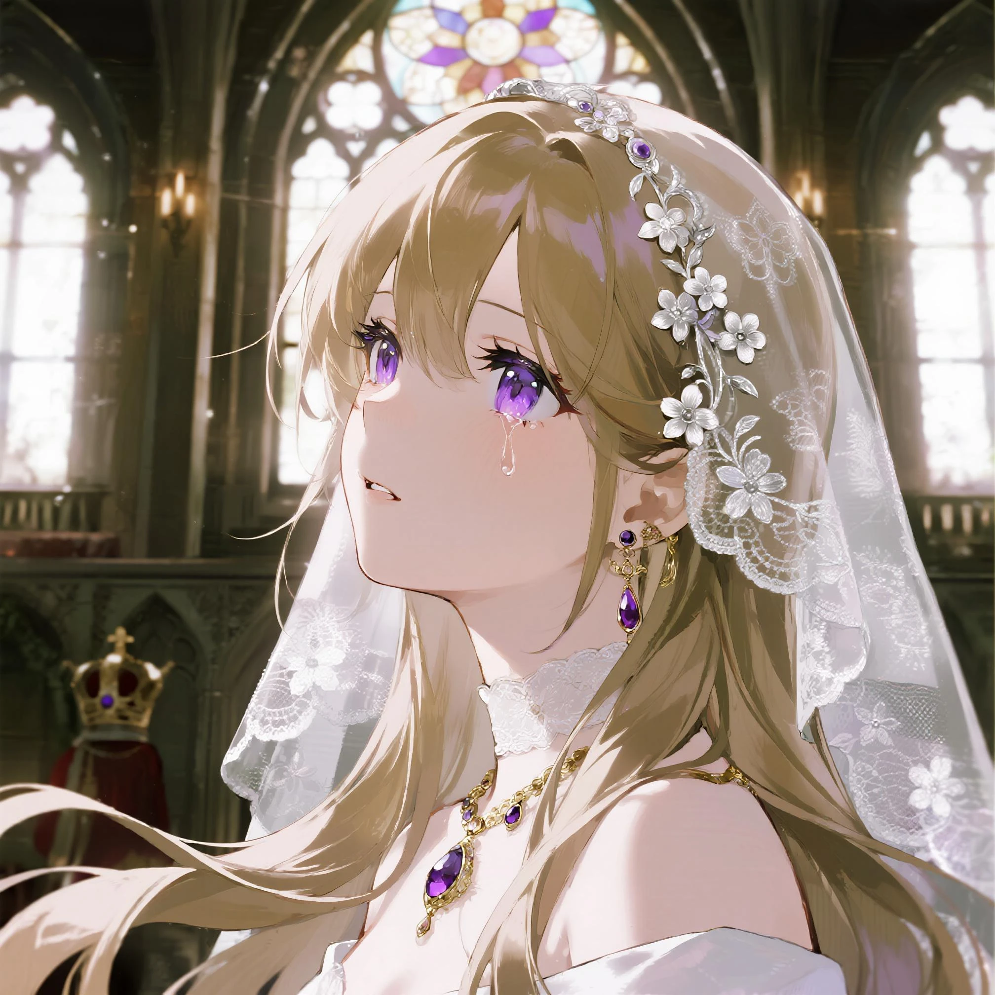 ((Highest quality)), ((masterpiece)), (detailed), (Perfect Face)、The woman is Princess Leona, with long light brown hair and a gorgeous, and black wedding dress with a gorgeous black wedding veil and gorgeous jewelry accessories.、In a luxurious church wedding hall, a woman is getting married, embracing the arm of a dignified and powerful middle-aged evil emperor dressed in a luxurious black outfit.、The woman has long hair