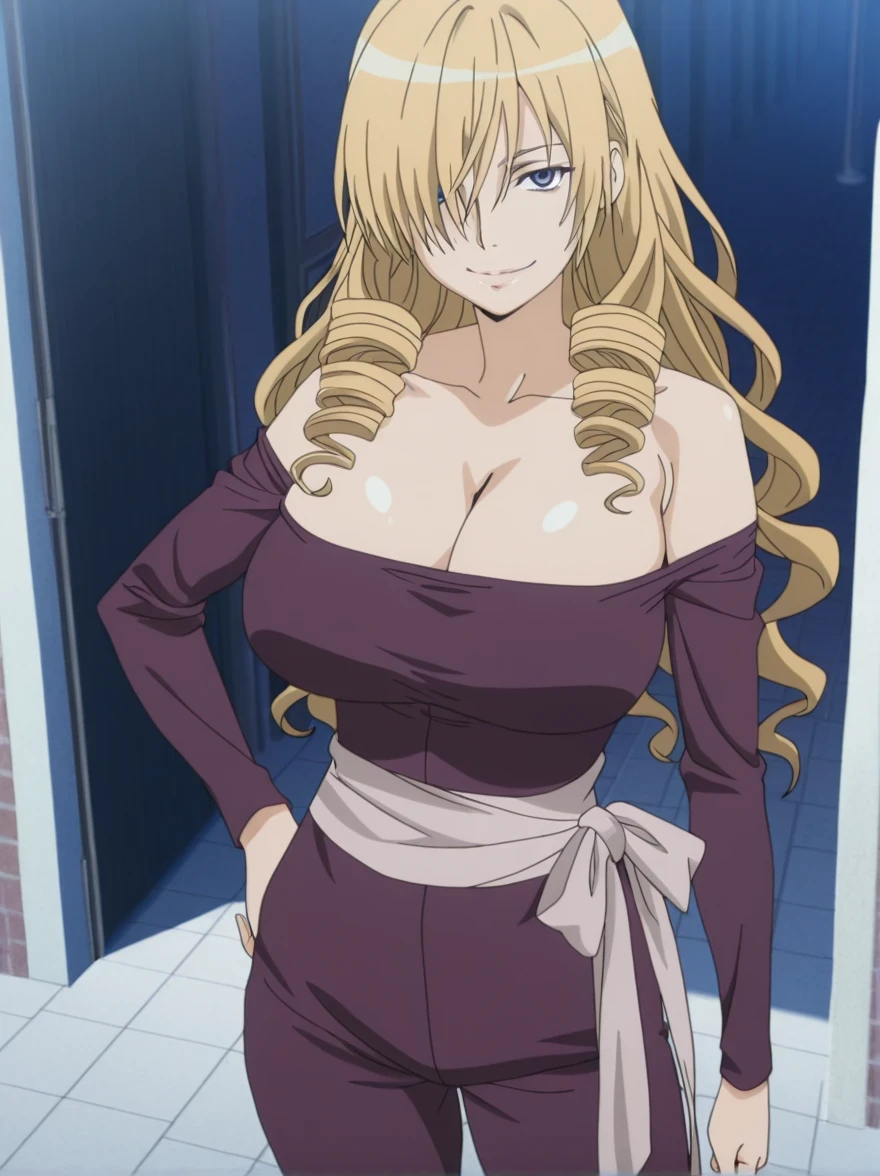 傑作、best quality、best resolution、best image quality、amazing quality、 very aesthetic、 absurdres、anime coloring、anime screencap、anime screenshot、1woman 、 <lora:oriana-thomson-indexs2-illustriousxl-lora-nochekaiser:1> 、 oriana thomson 、solo 、blonde hair 、long hair 、blue eyes 、drill hair 、drill sidelocks 、hair over one eye 、sidelocks 、very large breasts 、cleavage 、large boobs 、large tits 、mature female 、collarbone 、deltoids 、purple bodysuit 、bare shoulders 、long sleeves、outfit:bodysuit 、cyan sash 、sash 、tight bodysuit 、seamless 、purple high heels 、tall woman 、standing 、cowboy shot 、looking at viewer 、female focus 、dutch angle 、smile、elegant、elegant smile、evil smile、cat's eye style、