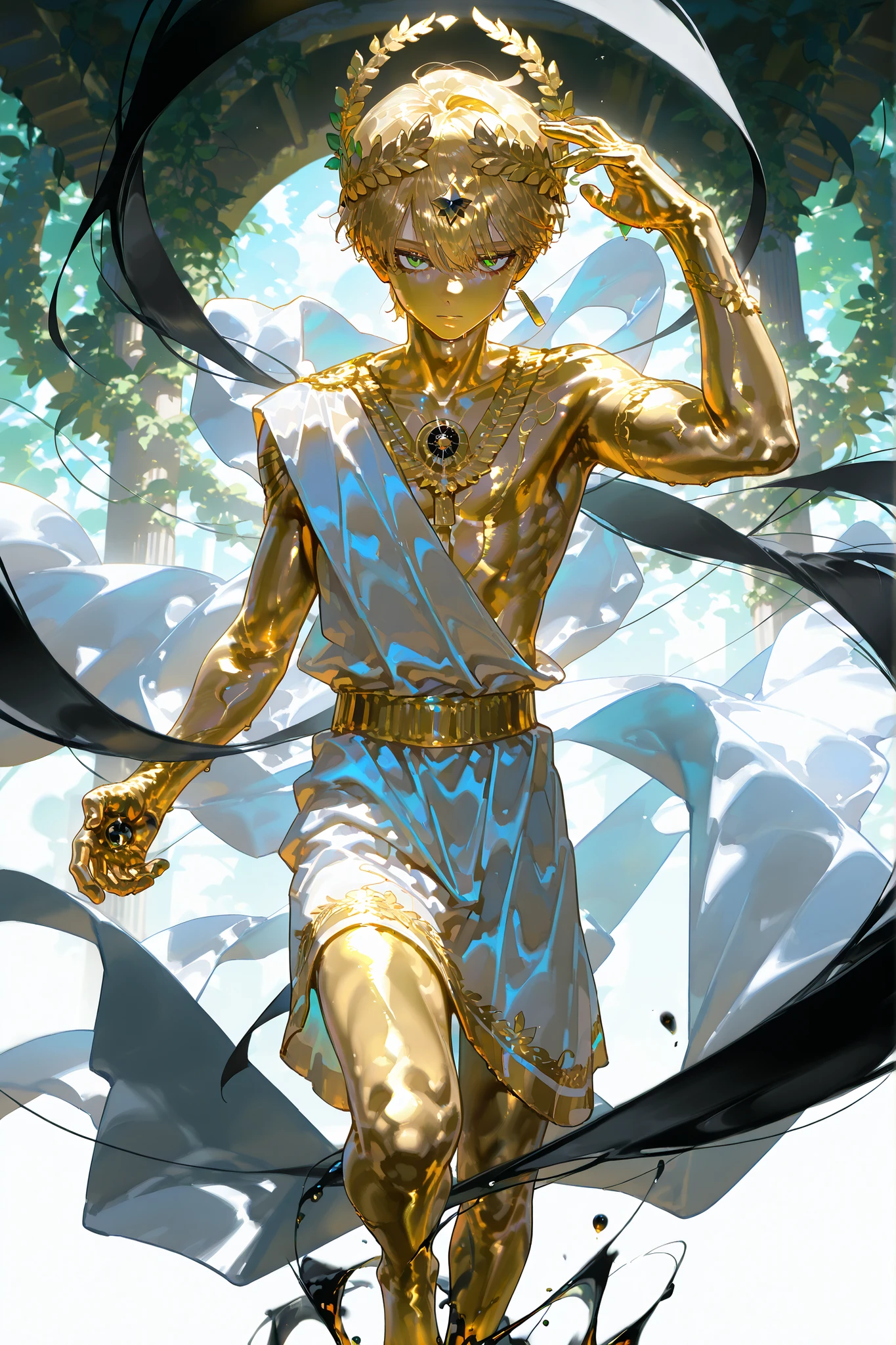 (gold metal skin,) Ancient greek God, middle-edged man (male character). He has tall mighty broad-shouldered body shape with masculine features. He has metallic gold skintone. his whole body are covered with molten liquid gold. He has green eyes that glow like emeralds. He has black leaking black mascara under his eyes. He wears a wreath of scarlet laurel crown on his head. He has wavy LONGEST golden bangless hairstyle floating in the air that glow in the dark. He wearing a scarlet red Greek toga (greco-roman tunic) with gold embroidery. He's barefoot. (On the background: an overgrown ancient Greek temple made of black marble and gold)