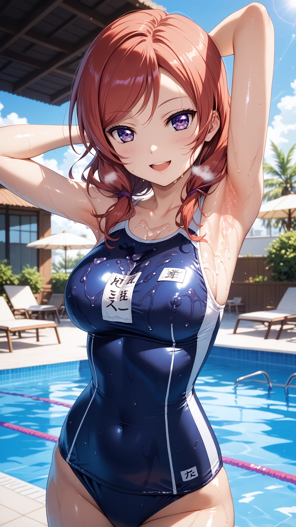 (masterpiece:1.2, Highest Quality), (beautifully painted eyes: 1.2), (beautiful detail face), masterpiece, Highest Quality, Great Quality,1 Girl, solo,Nishikino Maki, purple eyes, 赤い髪, Stoic, solo, armpit focus, purple eyes, Dark Red Hair , arrange my bangs, Low Twin Tails, schoolswimsuit, pool, smile,arms behind head,lowangle,open mouth,blush,steam ,sweat,shiny skin,leaningforward,Lotion on breasts,Lotion on