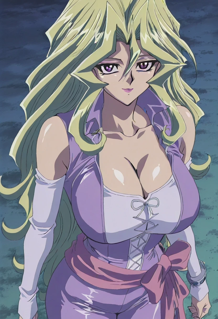 傑作、best quality、best resolution、best image quality、amazing quality、 very aesthetic、 absurdres、anime coloring、anime screencap、anime screenshot、1woman 、 Mai Valentine (character) 、solo 、blonde hair 、long hair 、purple eyes 、hair between eyes 、lipstick 、very large breasts 、cleavage 、large boobs 、large tits 、mature female 、narrow waist 、collarbone 、deltoids 、purple bodysuit 、bare shoulders 、long sleeves、outfit:bodysuit 、cyan sash 、sash 、tight bodysuit 、seamless 、purple high heels 、tall woman 、standing 、cowboy shot 、looking at viewer 、female focus 、dutch angle 、smile、elegant、elegant smile、sexy smile、cat's eye style、