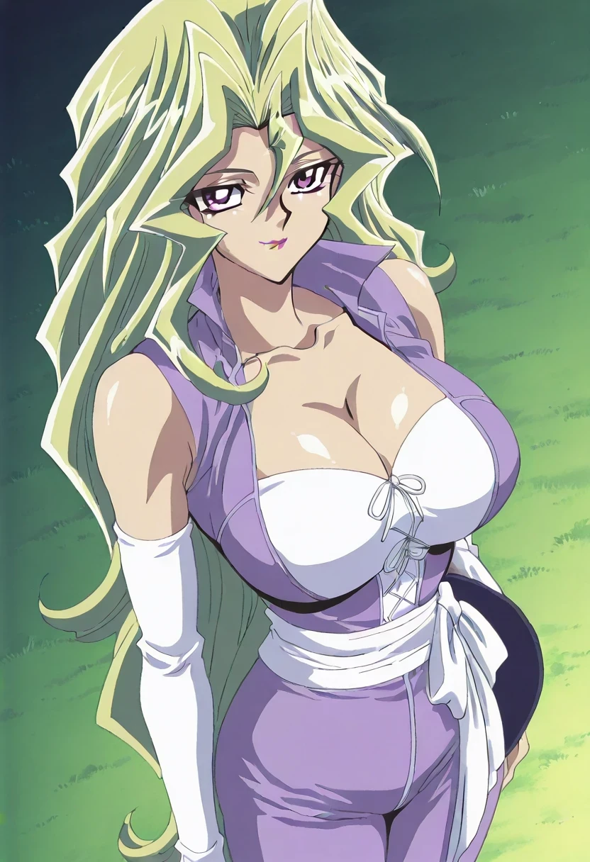 傑作、best quality、best resolution、best image quality、amazing quality、 very aesthetic、 absurdres、anime coloring、anime screencap、anime screenshot、1woman 、 Mai Valentine (character) 、solo 、blonde hair 、long hair 、purple eyes 、hair between eyes 、lipstick 、very large breasts 、cleavage 、large boobs 、large tits 、mature female 、narrow waist 、collarbone 、deltoids 、purple bodysuit 、bare shoulders 、outfit:bodysuit 、cyan sash 、sash 、tight bodysuit 、seamless 、purple high heels 、tall woman 、standing 、cowboy shot 、looking at viewer 、female focus 、dutch angle 、smile、elegant、elegant smile、sexy smile、 cat's eye style、