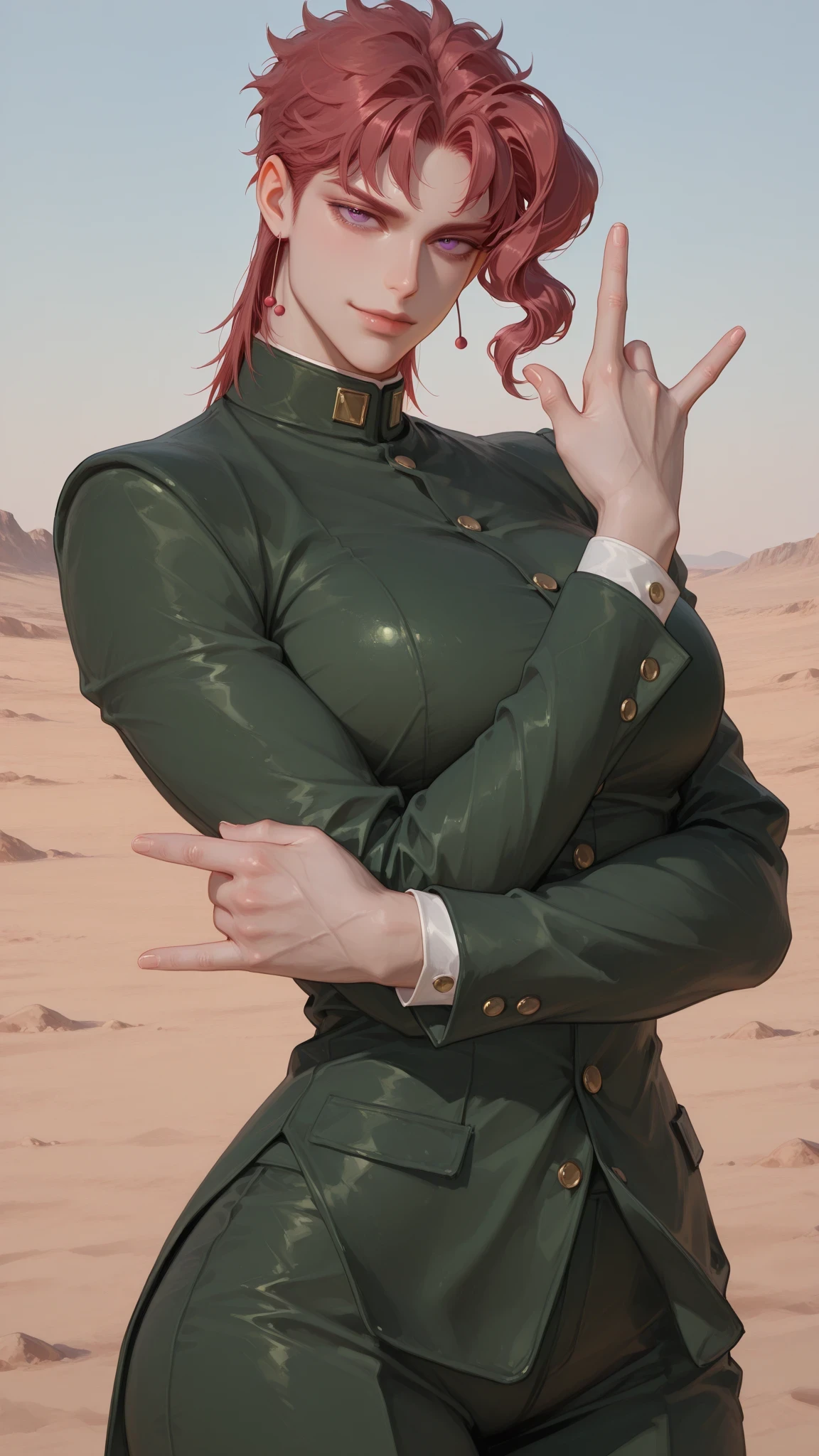 1girl, solo, beautiful girl, UHD, masterpiece, (anatomically correct), super detail, high details, high quality, best quality, HD, 8k
Kakyoin Noriaki_\(JoJo's Bizarre Adventure\), red hair, mullet, asymmetrical hair, high school girl, gender change, handsome girl, androgynous face, purple eyes, long eyelashes, cherry earrings, yellow buttons, choker, huge breasts, huge hips, curvy, cowboy shot, look at viewer
green gakuran, buttons, long sleeves, green pants,
<lora:kakyoin-noriakis-pose-illustriousxl-lora-nochekaiser:1>, kakyoin noriakis pose, kakyoin noriaki's pose (jojo), jojo pose, m/, pointing up, hands up, looking at viewer, smile, cowboy shot, outdoor, desert, serious
