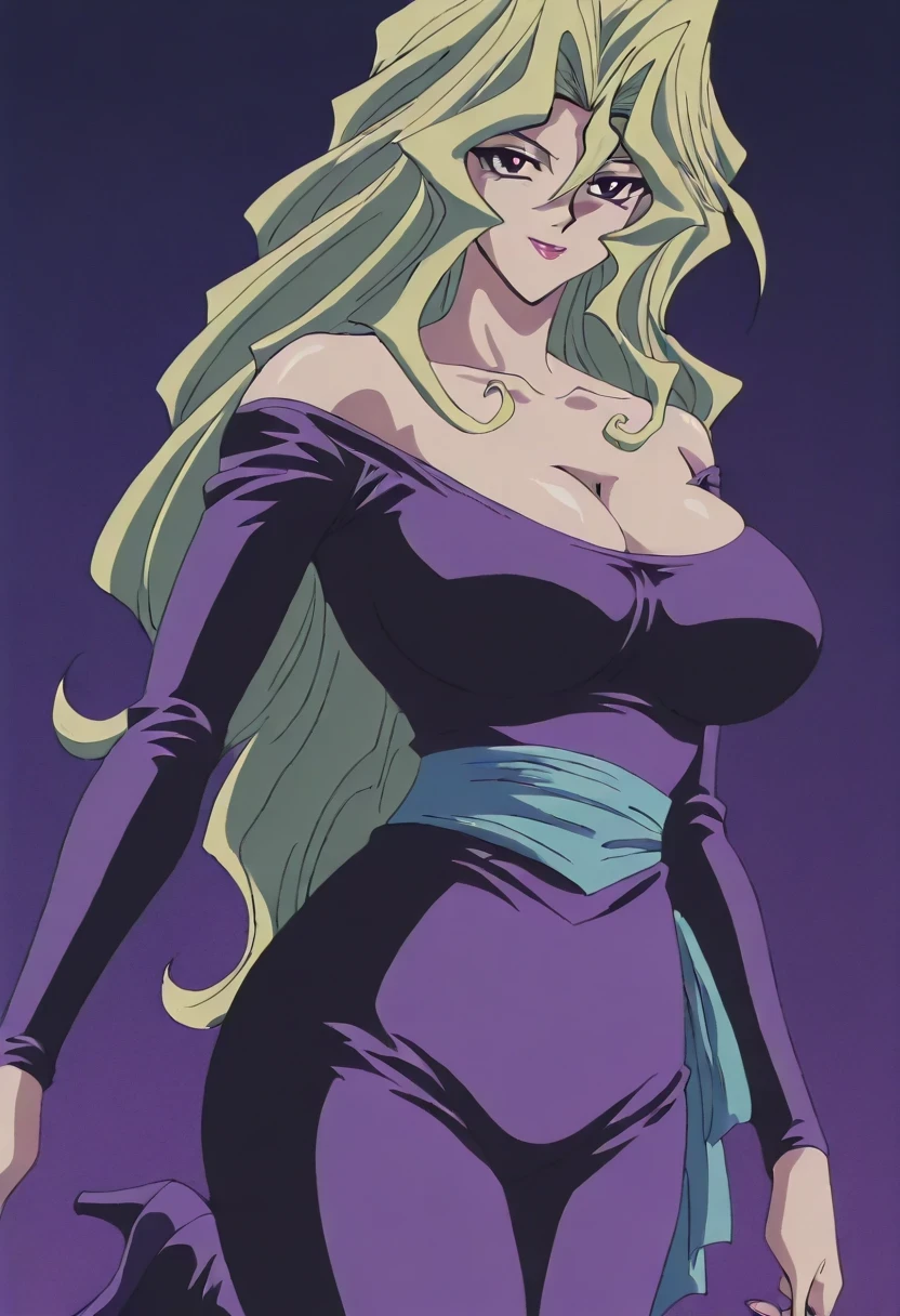 傑作、best quality、best resolution、best image quality、amazing quality、 very aesthetic、 absurdres、anime coloring、anime screencap、anime screenshot、1woman 、 Mai Valentine (character) 、solo 、blonde hair 、long hair 、purple eyes 、hair between eyes 、lipstick 、very large breasts 、cleavage 、large boobs 、large tits 、mature female 、narrow waist 、collarbone 、deltoids 、purple bodysuit 、bare shoulders 、long sleeves、outfit:bodysuit 、cyan sash 、sash 、tight bodysuit 、seamless 、purple high heels 、tall woman 、standing 、cowboy shot 、looking at viewer 、female focus 、dutch angle 、smile、elegant、elegant smile、evil smile、cat's eye style、