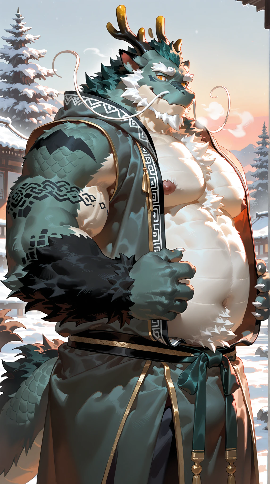 (morning), 1volibear, 独奏, 看着观众, winter, smile,肌肉男，beard,middle-aged，white fundoshi,((open)  kimono)，Chinese traditional clothes,close-up,stud earrings,?????? ring,sweat,drooling,blush sticker,wet,splashed , spilted, milk ((on body))),one pounding others behind ???????????