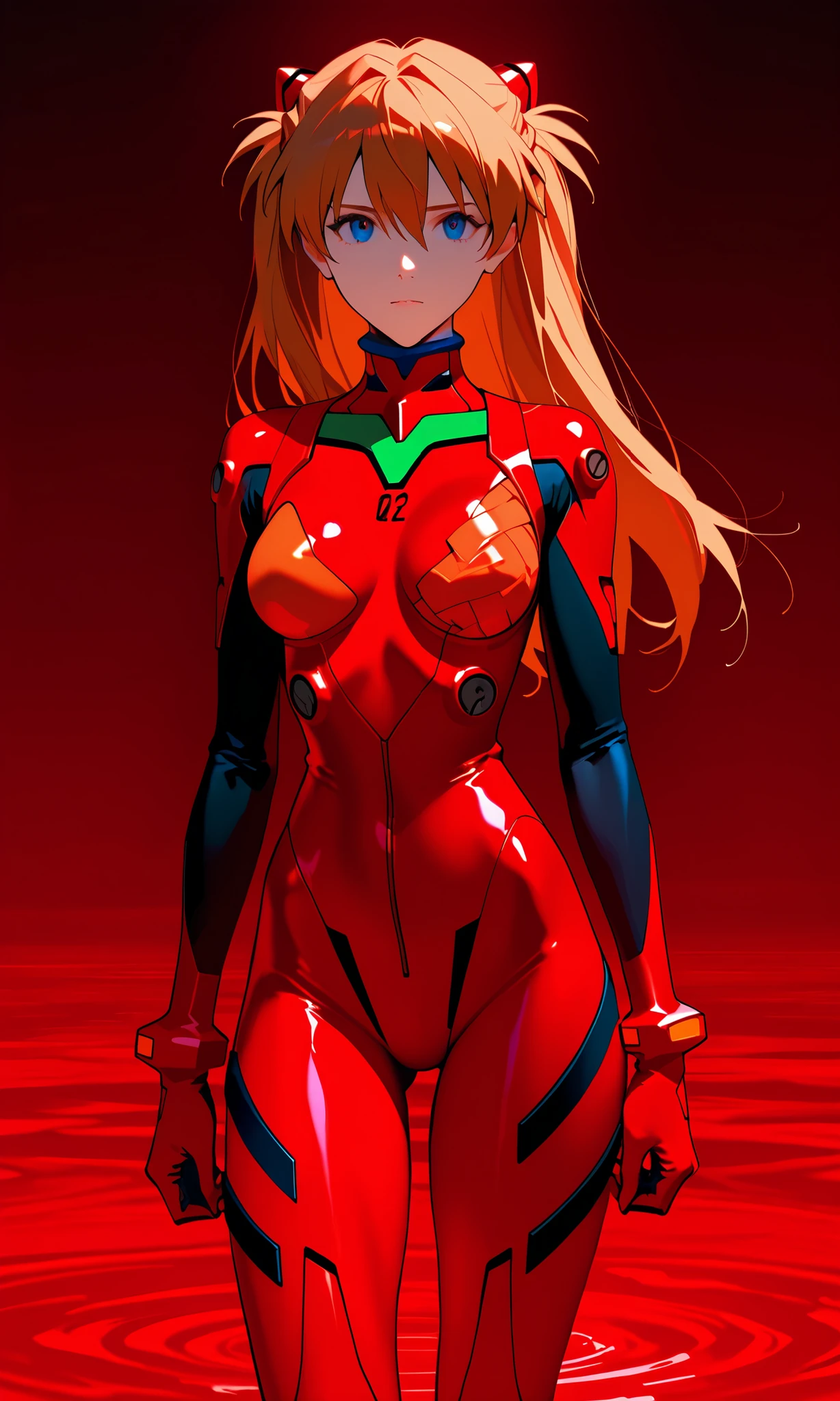 1 Girl, rainbow holographic combat suit,Nano combat suit,mesh combat suit, souryuu_Asuka_Langley, , red_Bodysuit, neon_Genesis_Evangelion, , plug suit, Third Impact, Lake of Blood, Ruined City,
ultra detail that will make you look down, super high resolution, ultra quality, masterpiece anime style, HDR,